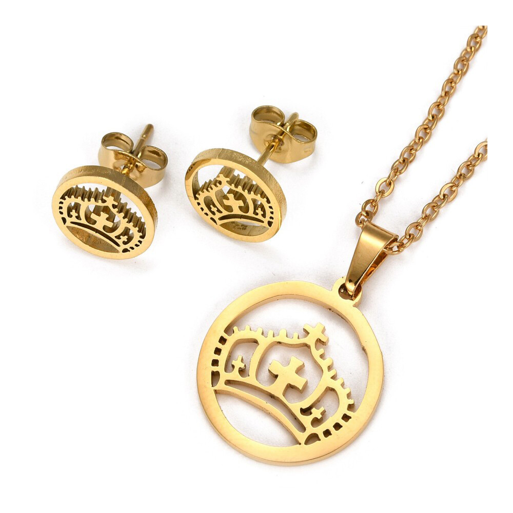 Stainless Steel Set Pendant Necklace Earrings Crown 15.7″ 10×1.5mm 0.7mm Z793