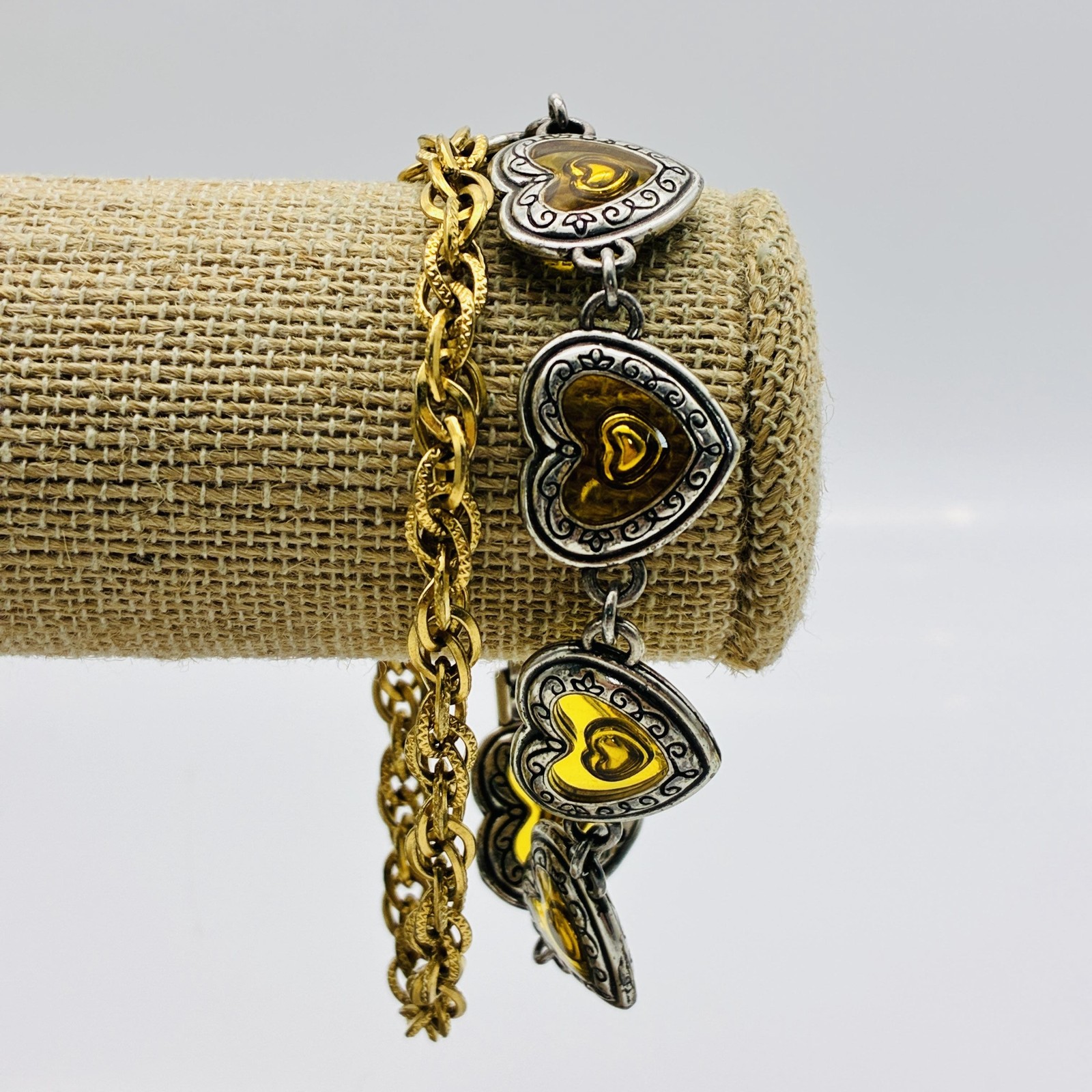Heart Link and Chain Bracelets Lot of 2 Silver and Gold Tone Valentine