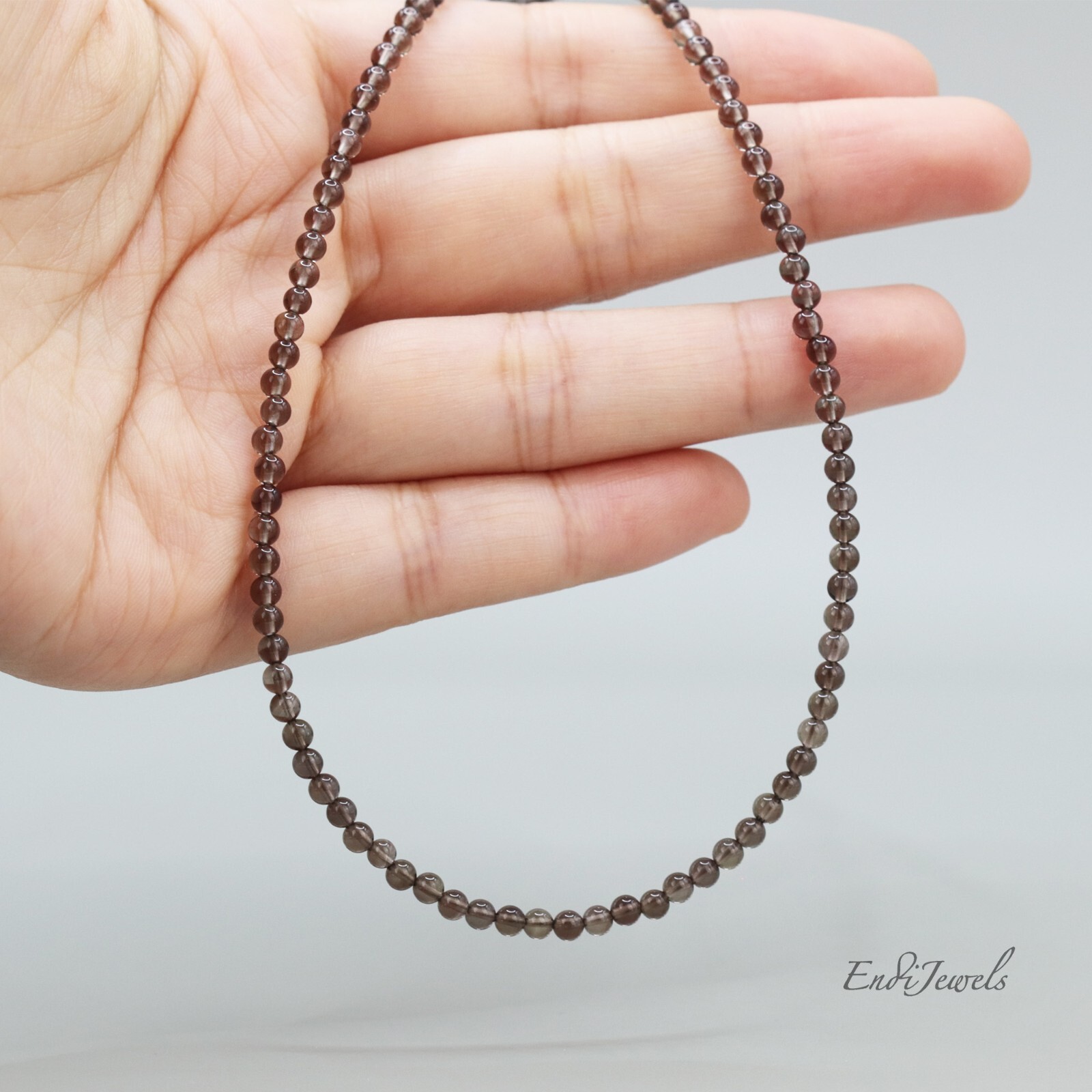 Natural Smoky quartz Small 3mm Round Beaded Choker adjustable 15 to 17 inches