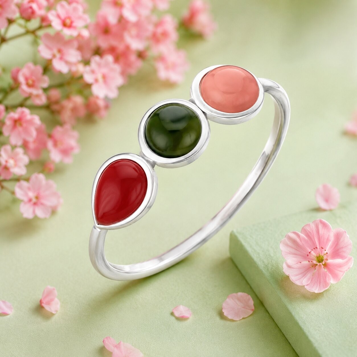 925 Sterling Silver Multi Gemstone Bezel Ring Handmade Three Stone Band Women