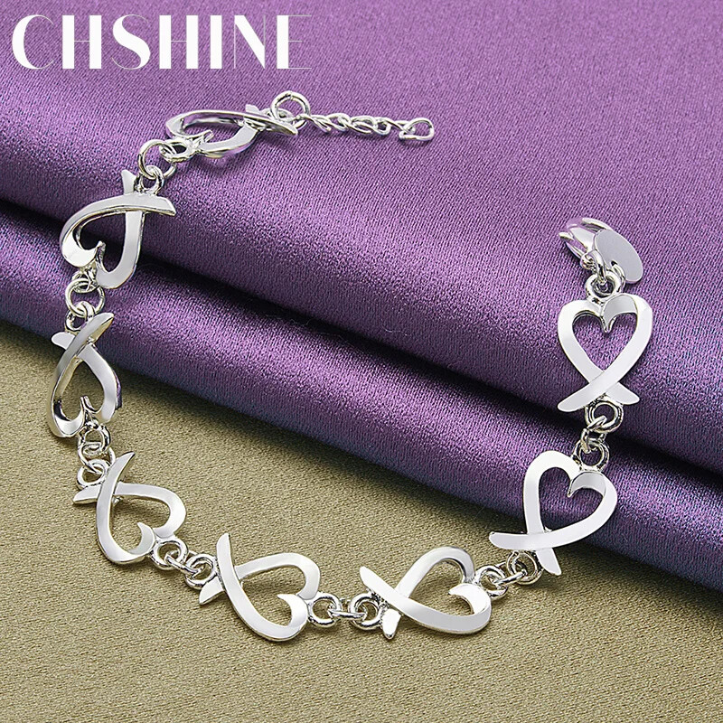 CHSHINE 925 Sterling Silver Love Heart Chain Bracelet Fashion Charm Jewelry