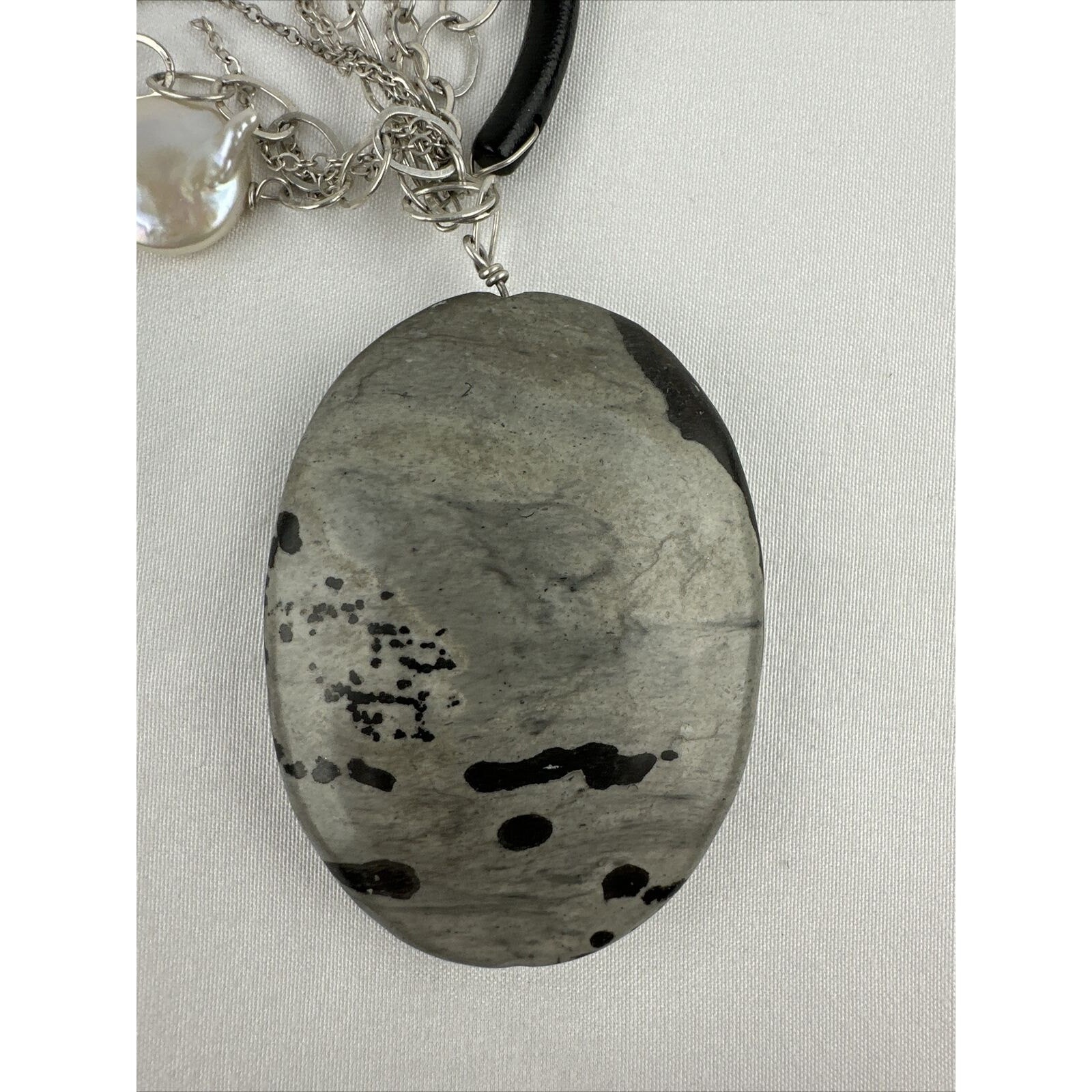 Artist Made Pendant Sterling Silver Chain Natural Pearl Marble Zebra Jasper