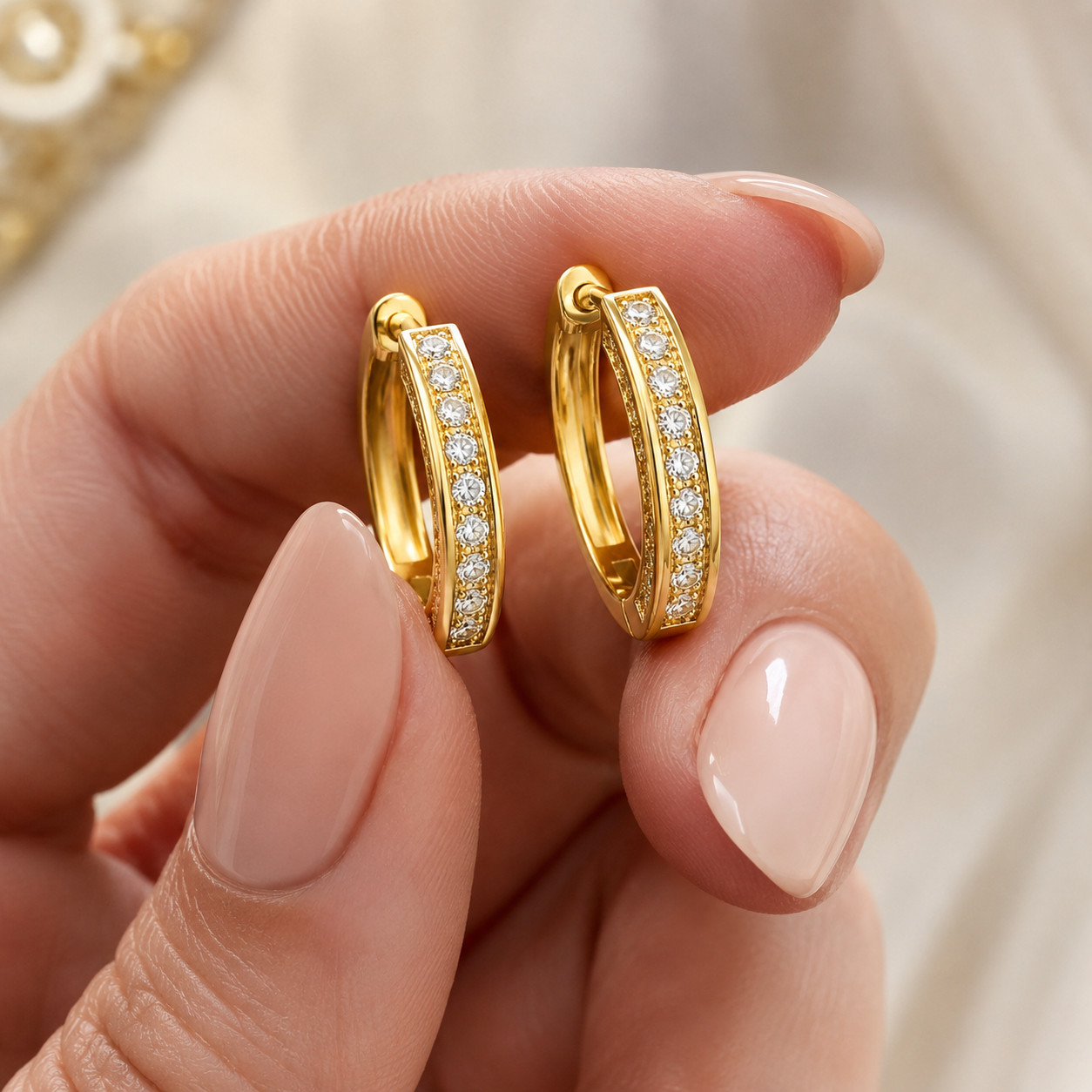 14K Gold Plated CZ Hoop Earrings for Women Round Cubic Zirconia Huggie Hoops
