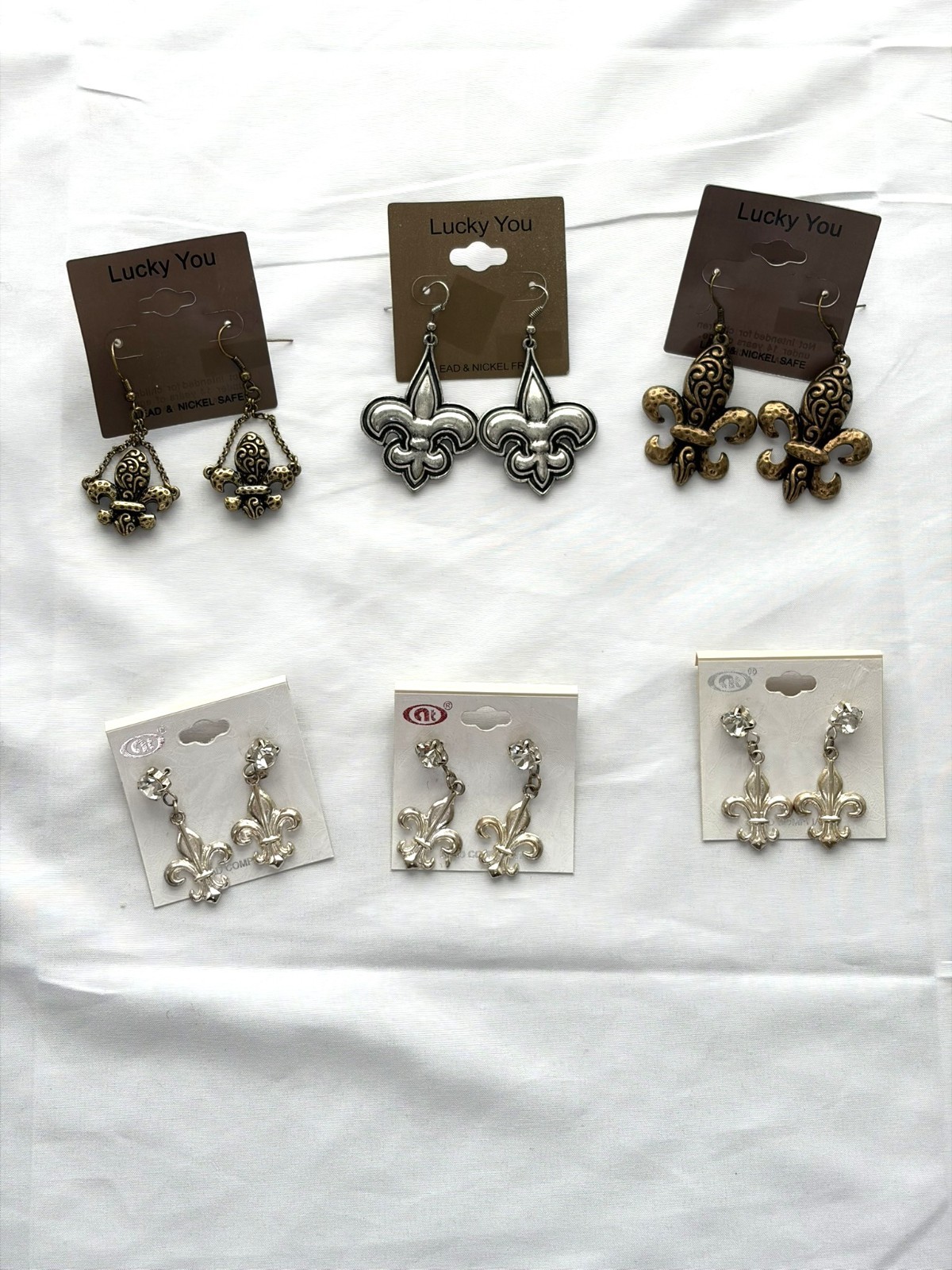 Lot of 6 Fleur De Lis Earrings NWT Silver Bronze Dangle Rhinestone Mixed Styles
