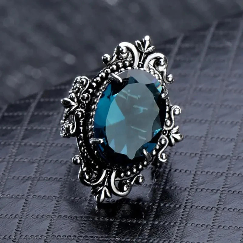 Vintage Oval Blue CZ Ring Women’s Retro Statement Party Jewelry