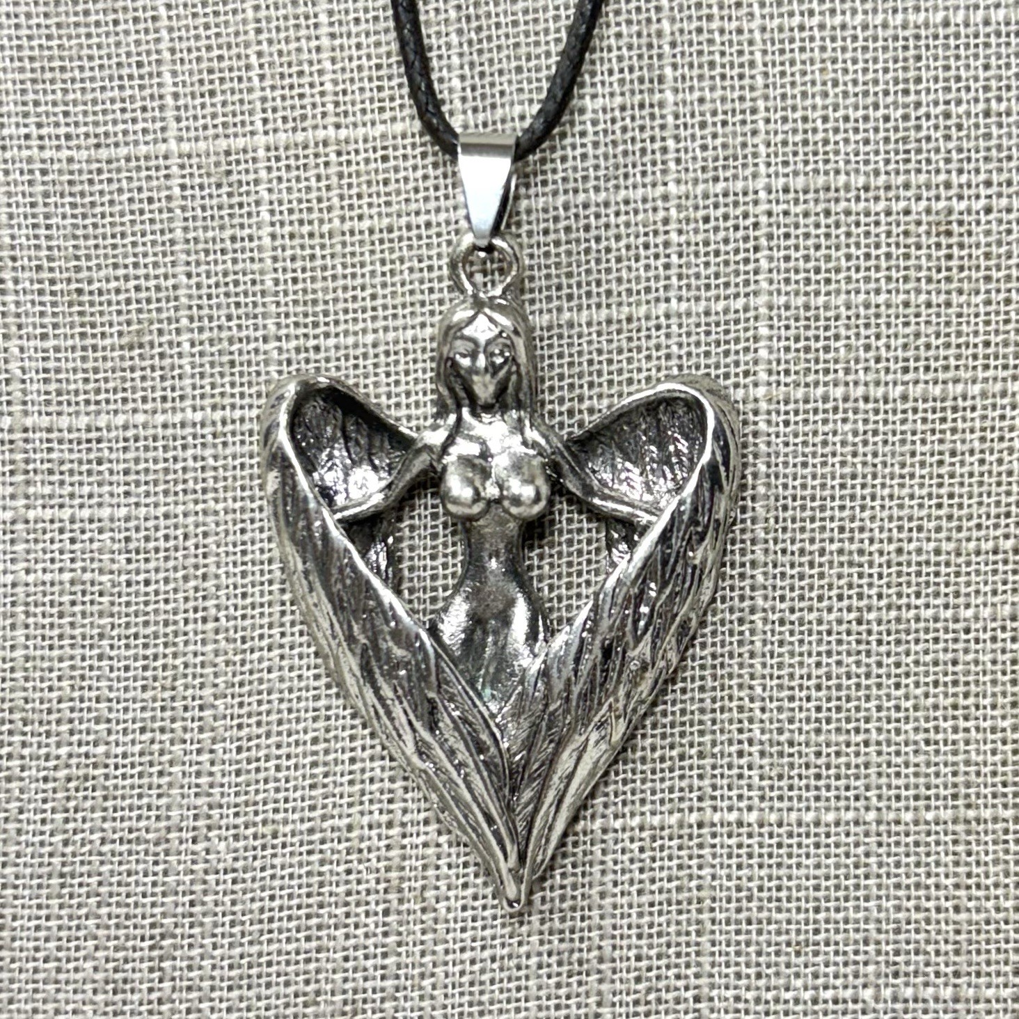 Winged Fairy Pendant Necklace Silver Tone Nude Lady Faux Leather Cord Brutalist