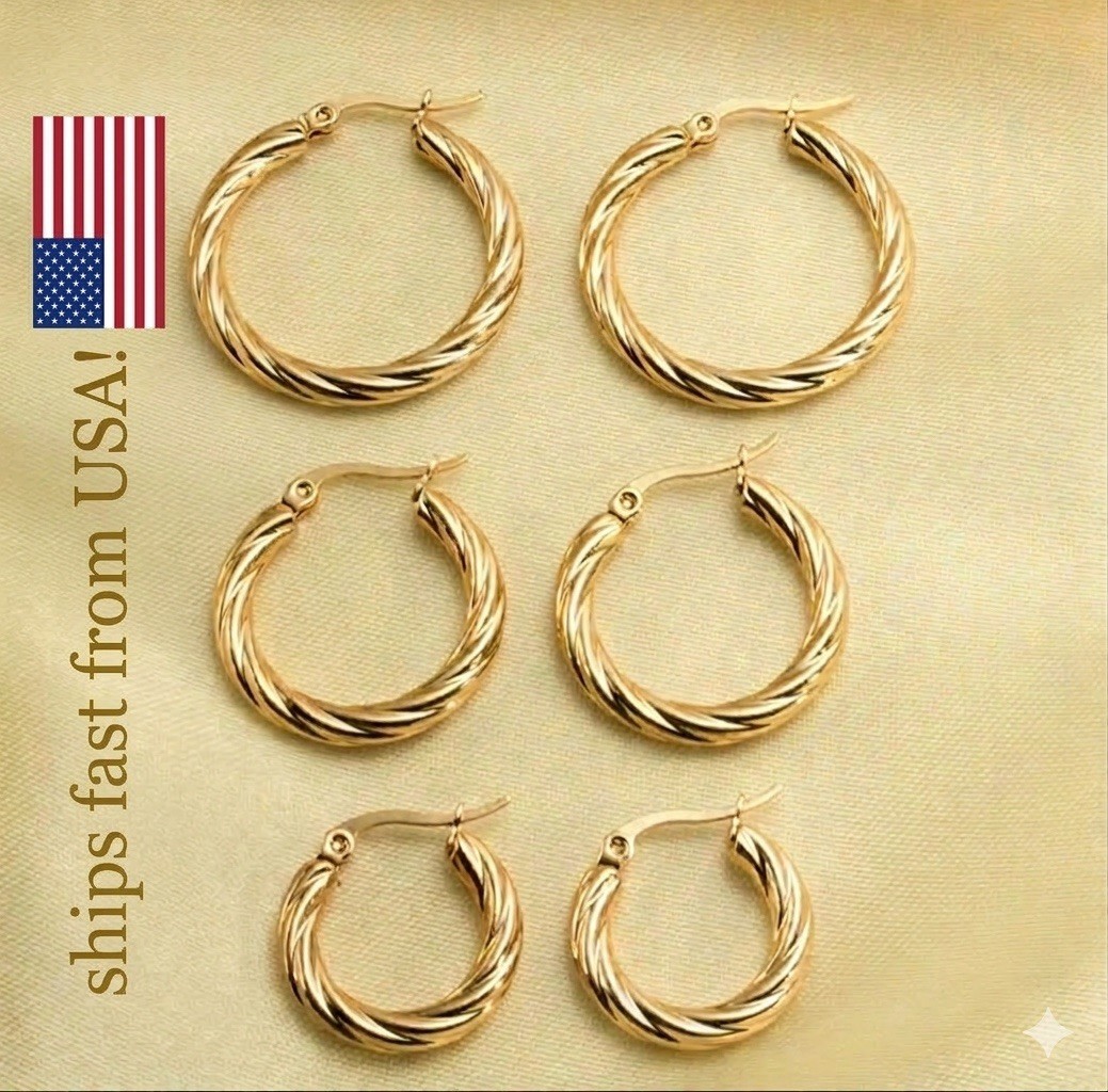 3 PAIRS Woman 18K Gold Plated Stainless Steel Twist Hoop Earrings Multiple Sizes