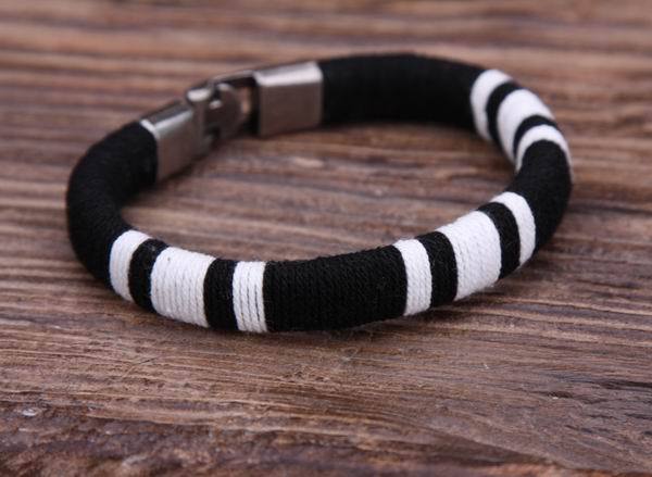 G105 Black w/ White Surfer Young Cotton Wraps Leather Bangle Bracelet Cuff Men’s