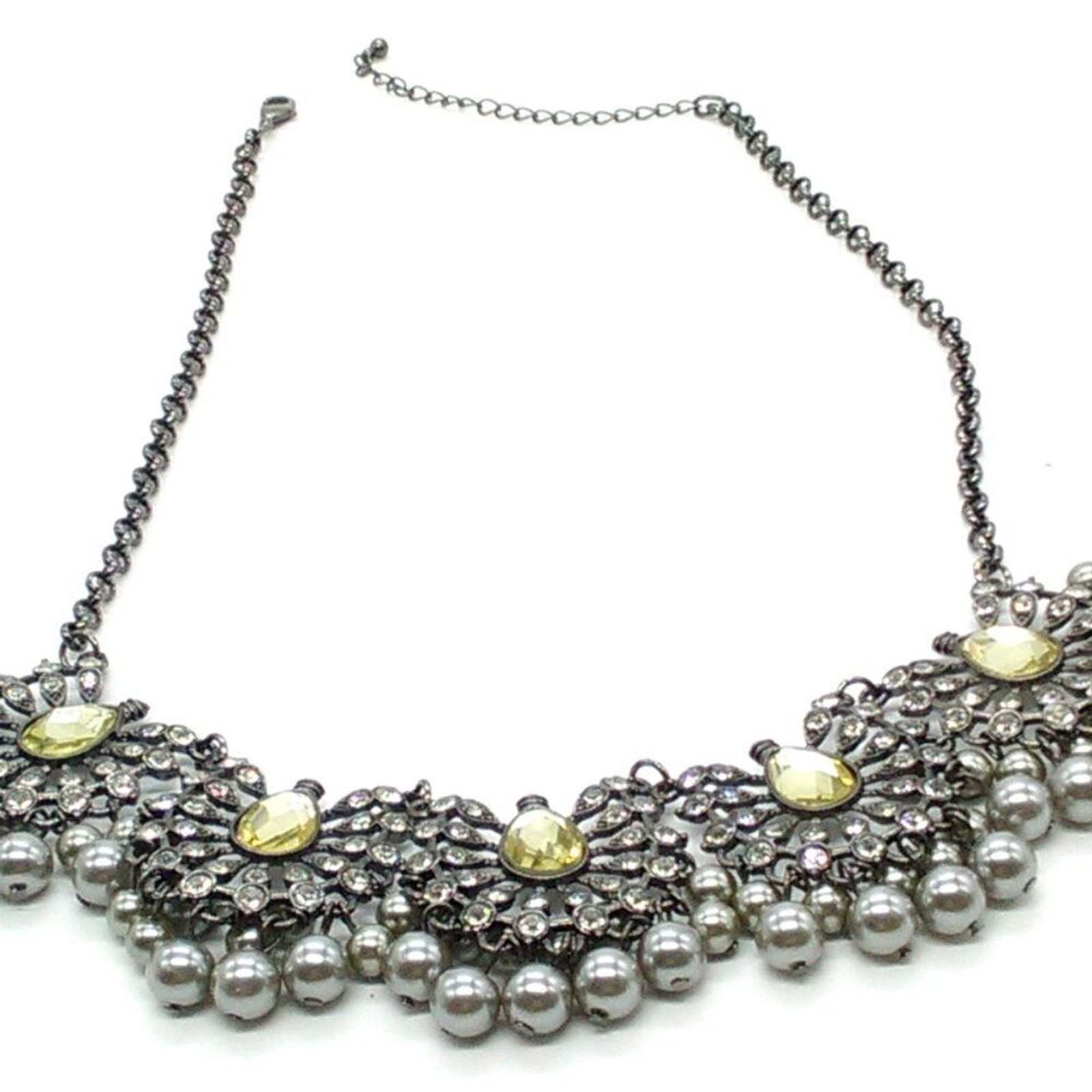 Bib Statement Necklace Yellow Teardrop Crystals, Rhinestones, Gray Faux Pearls