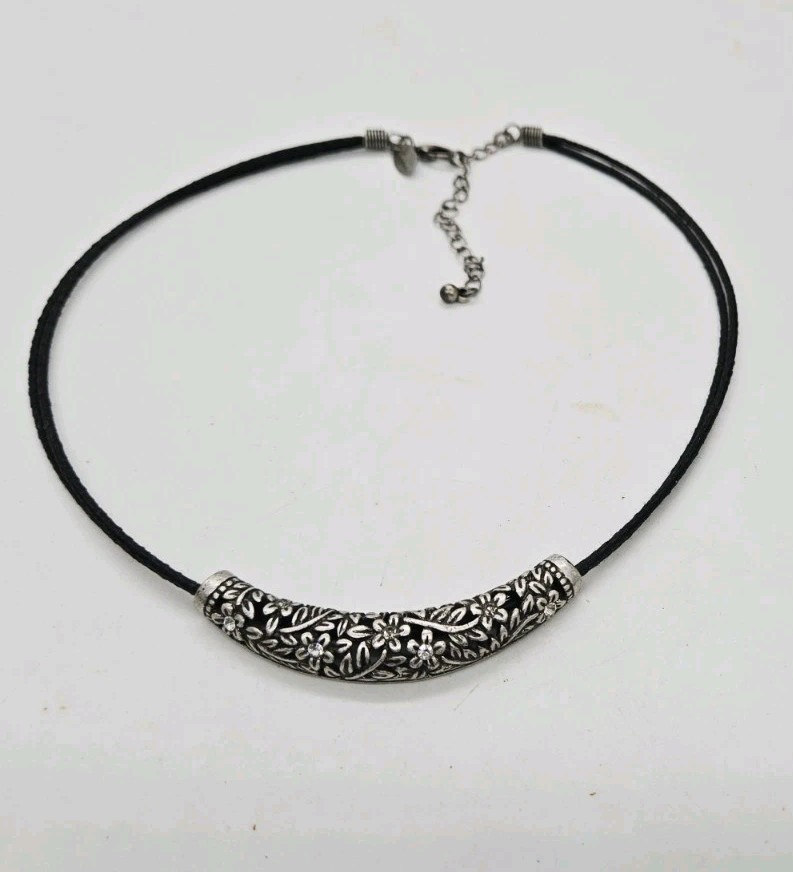 Lia Sophia Necklace Filigree Flower Bar on Black Cord Couture 19 in