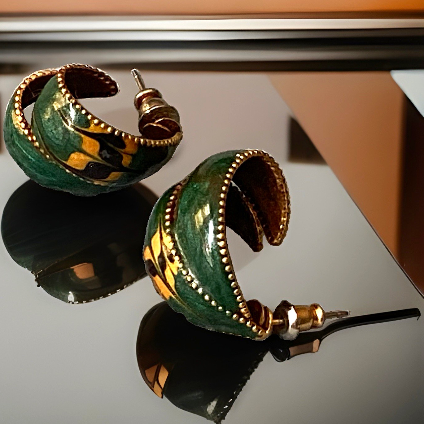 Green & Gold Tone Enamel Crescent Huggie Stud Earrings, Butterfly Back, No Stone