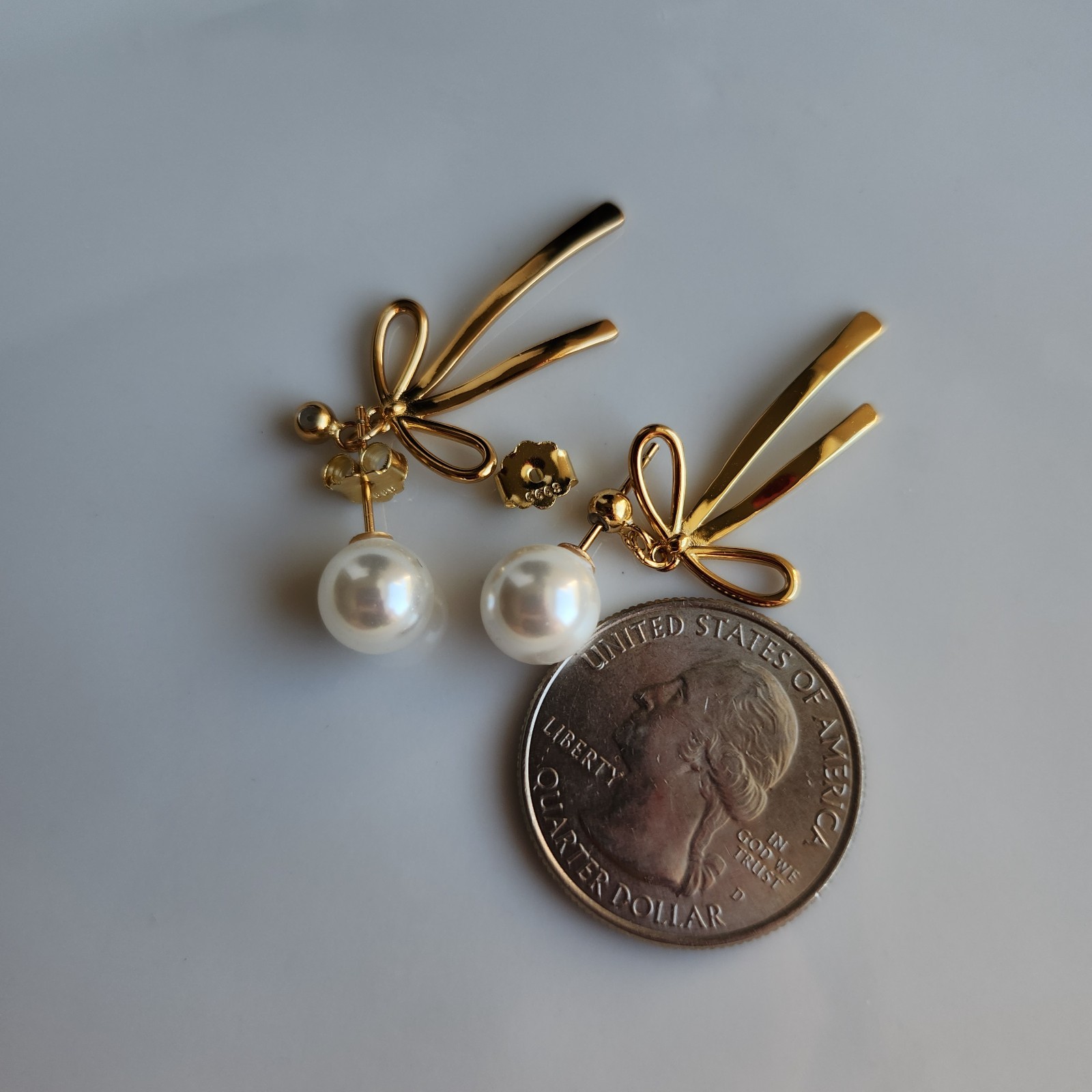 2 Way 8mm Seashell White Pearl Drop Dangle 1.4” Earrings Yellow Gold Plated