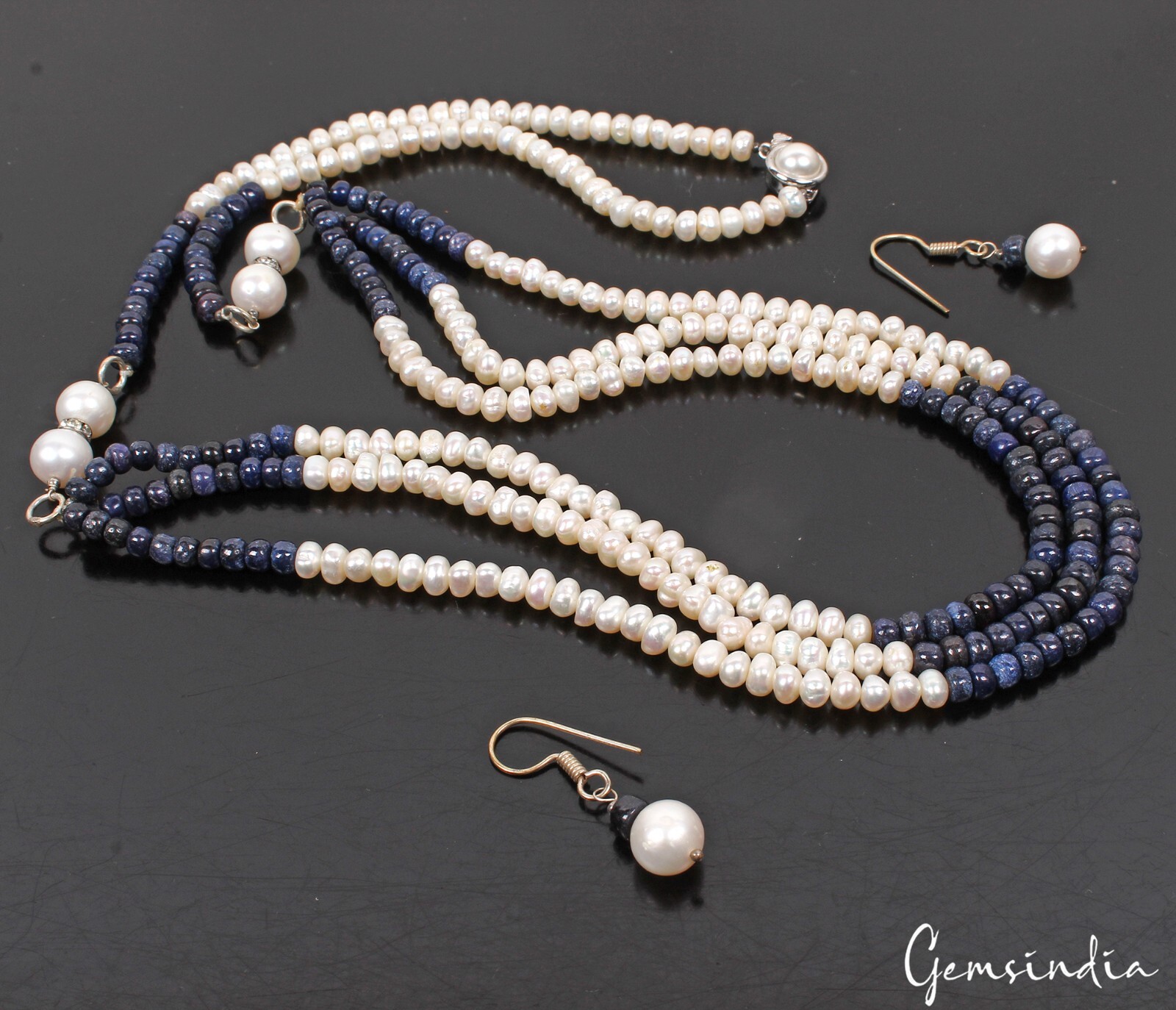 Sapphire & Pearl Necklace 26″ Earring Set, Multi-Strand Statement Beaded Jewelry