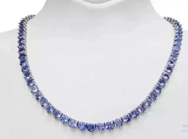 18CT Round Cut Simulated Tanzanite Women’s Tennis Necklace 14K White Gold Plated