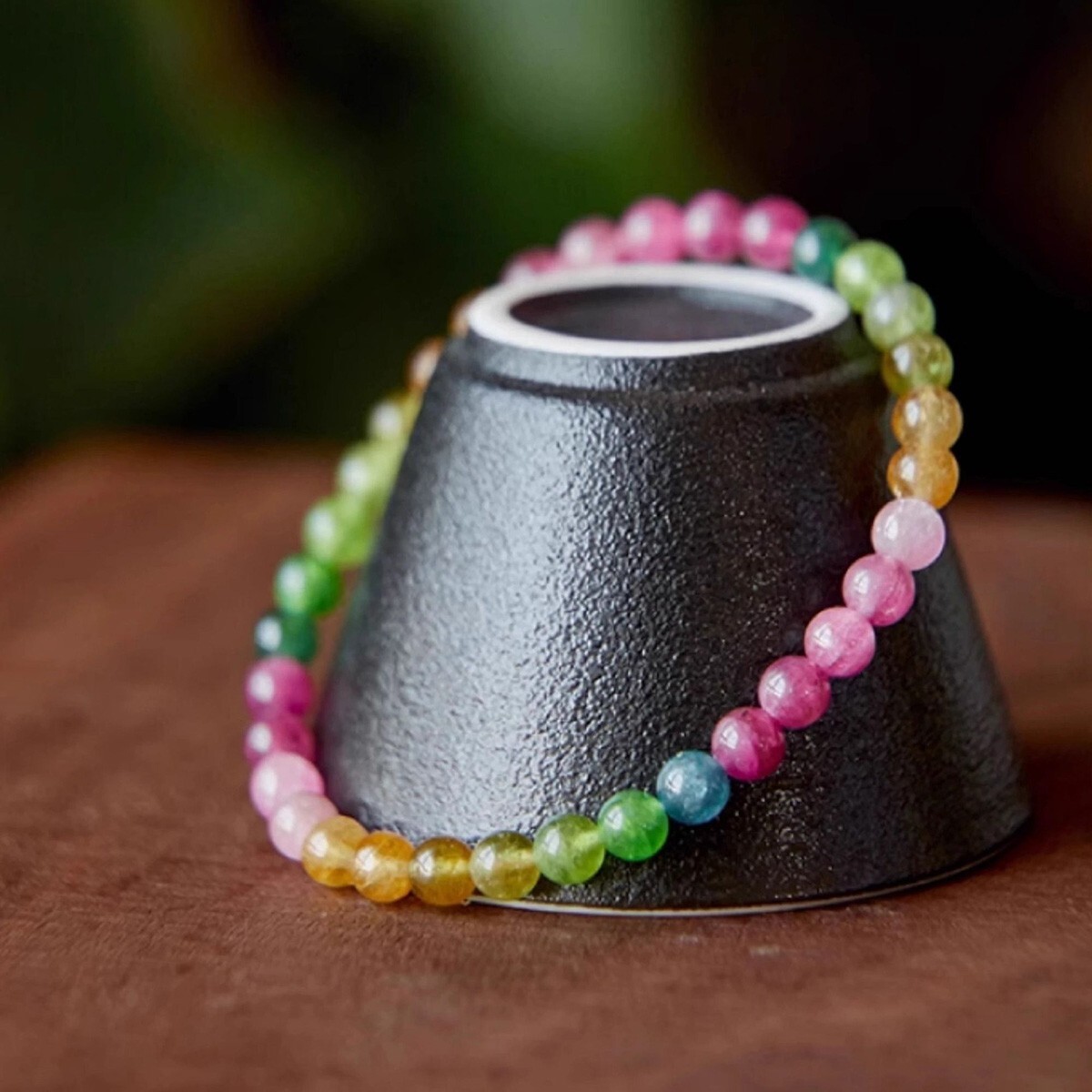 Rainbow Tourmaline Crystal Gemstone Stretch Dainty Bracelet Minimalist 4mm Beads