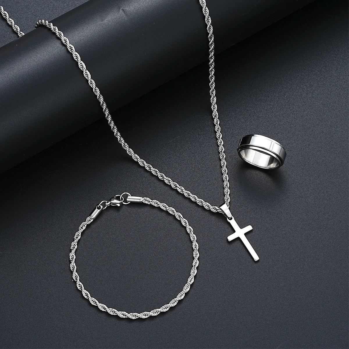 3Pcs Mens Stainless Steel Cross Pendant Necklace Twisted Rope Chain Bracelet Rin