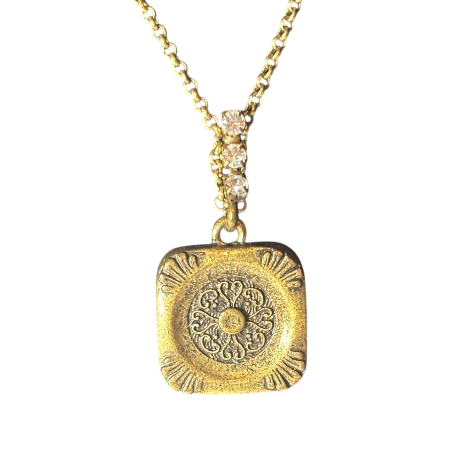 Fossil Gold Tone Square Medallion Pendant Necklace 16” Lock Key Rhinestone Bail