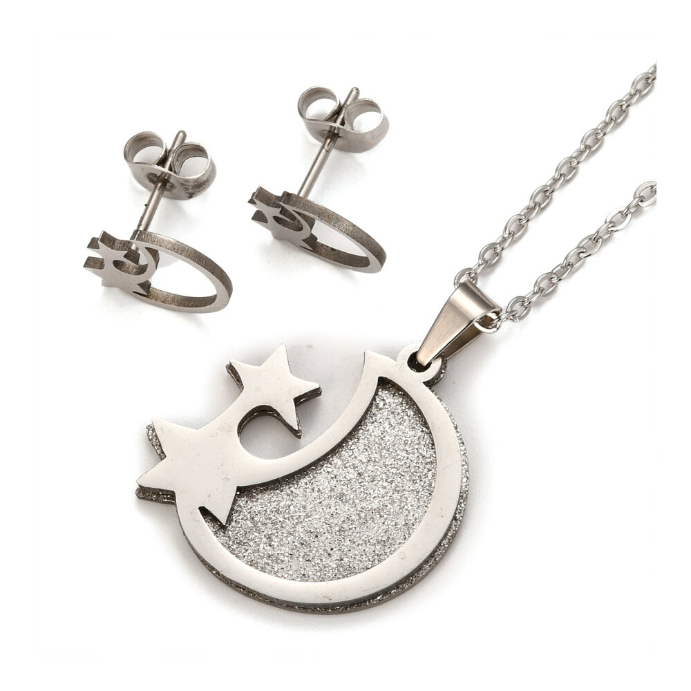 Stainless Steel Set Pendant Necklace Earrings Moon Star Silver 17.72″ 0.7mm Z820