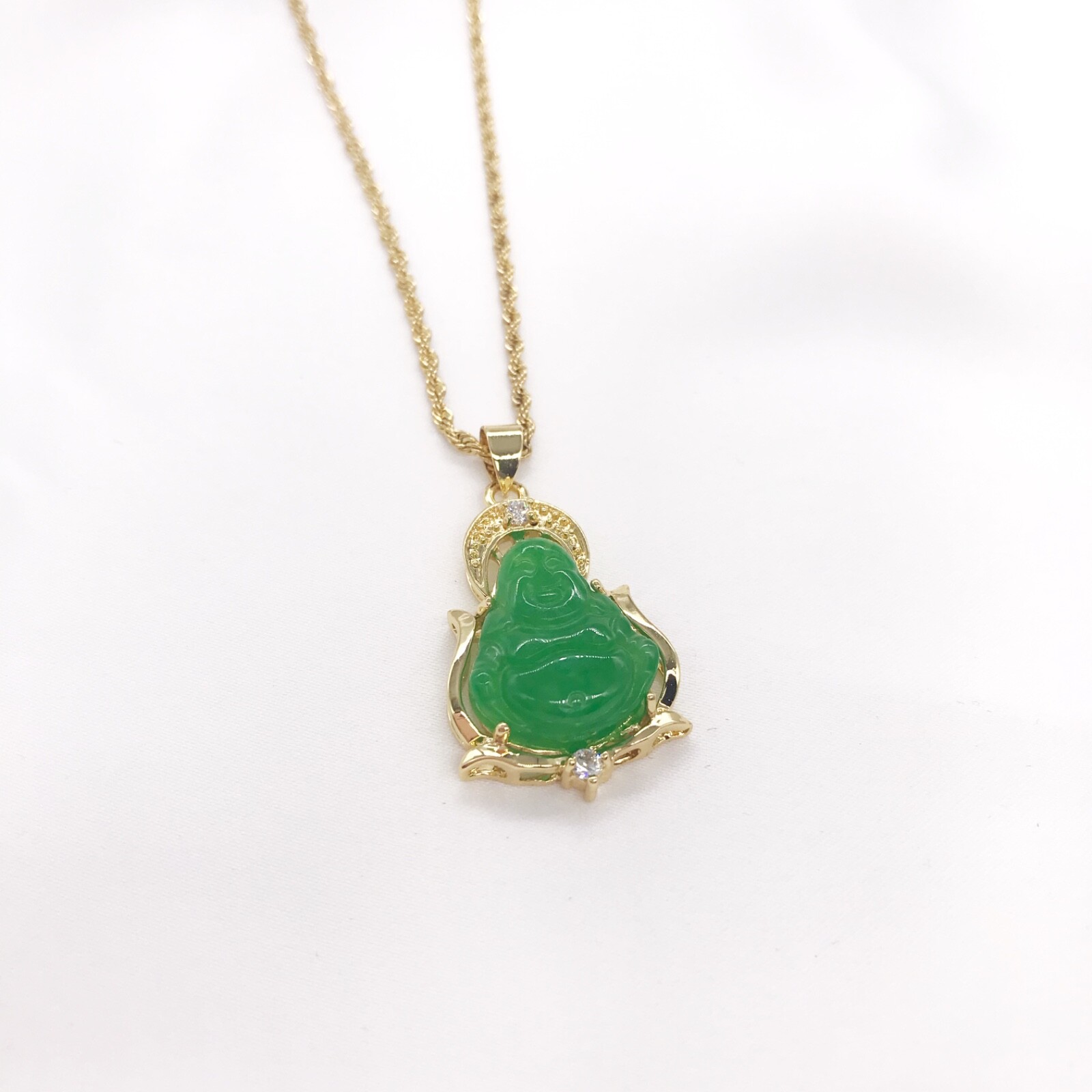 Good Fortune Wisdom Gold plated Jade laughing Buddha Pendant Necklace, Stainless