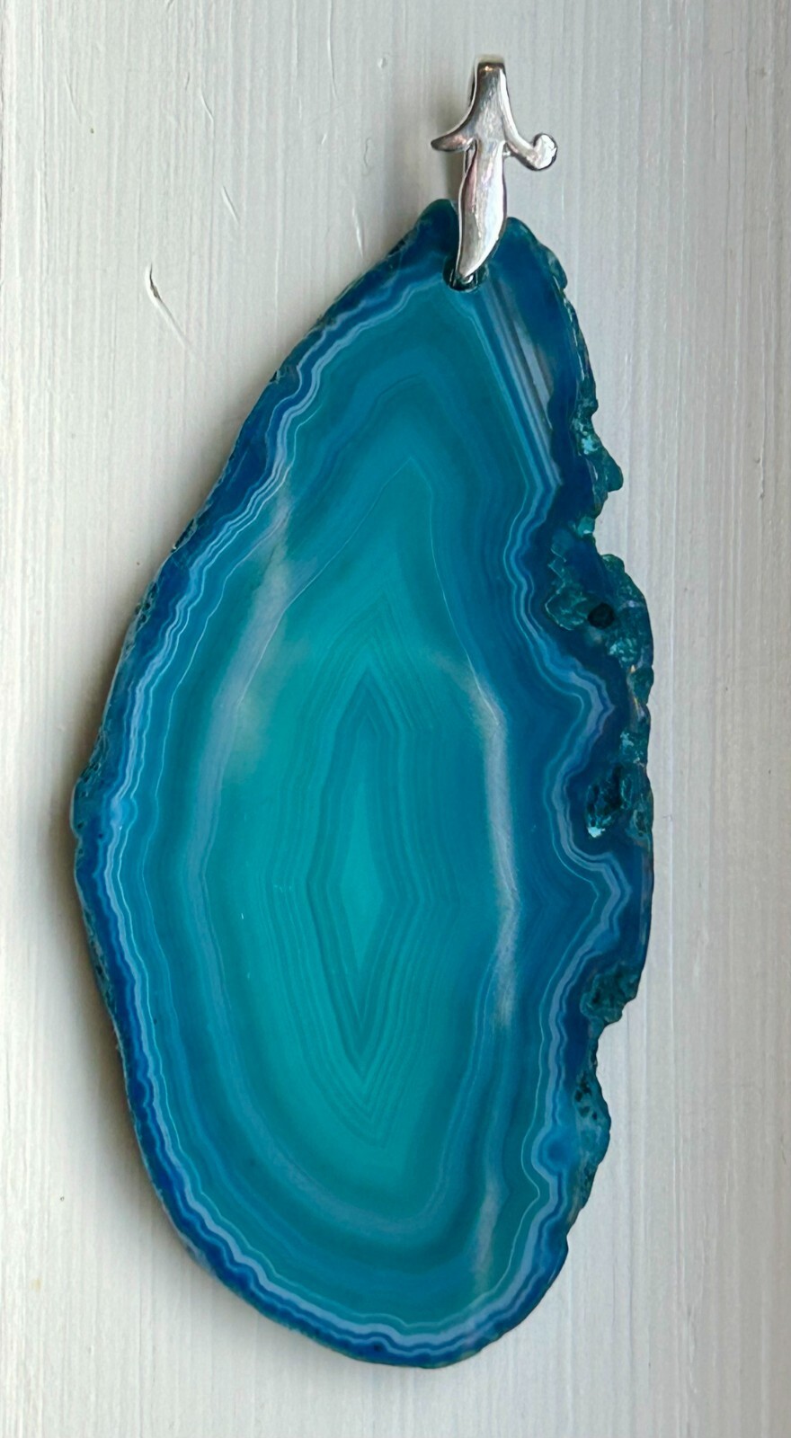 Brazilian Blue Slice Oblong Agate Pendant 2 1/2″x 1 1/2″ Silver tone bale