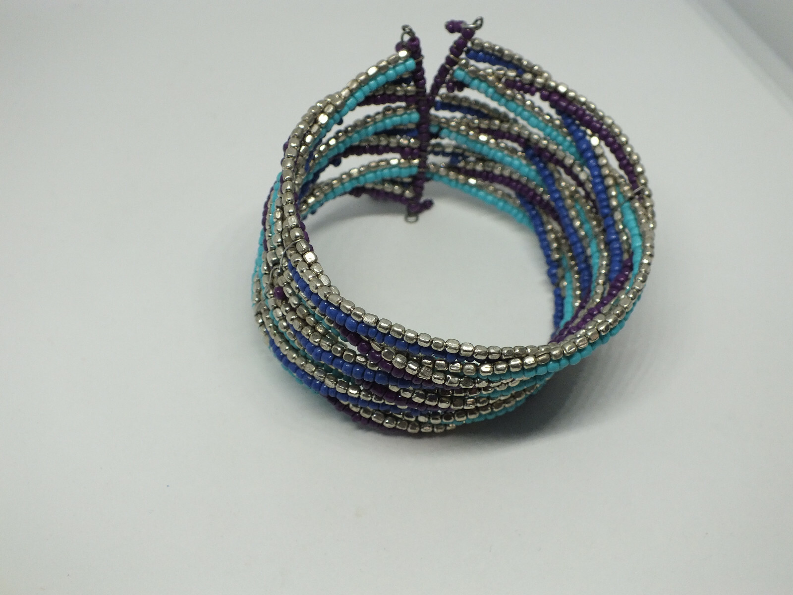 Beautiful Wrap Bracelet Silver Tone Turquoise Blue Purple Seed Beads 1 1/2″ Wide