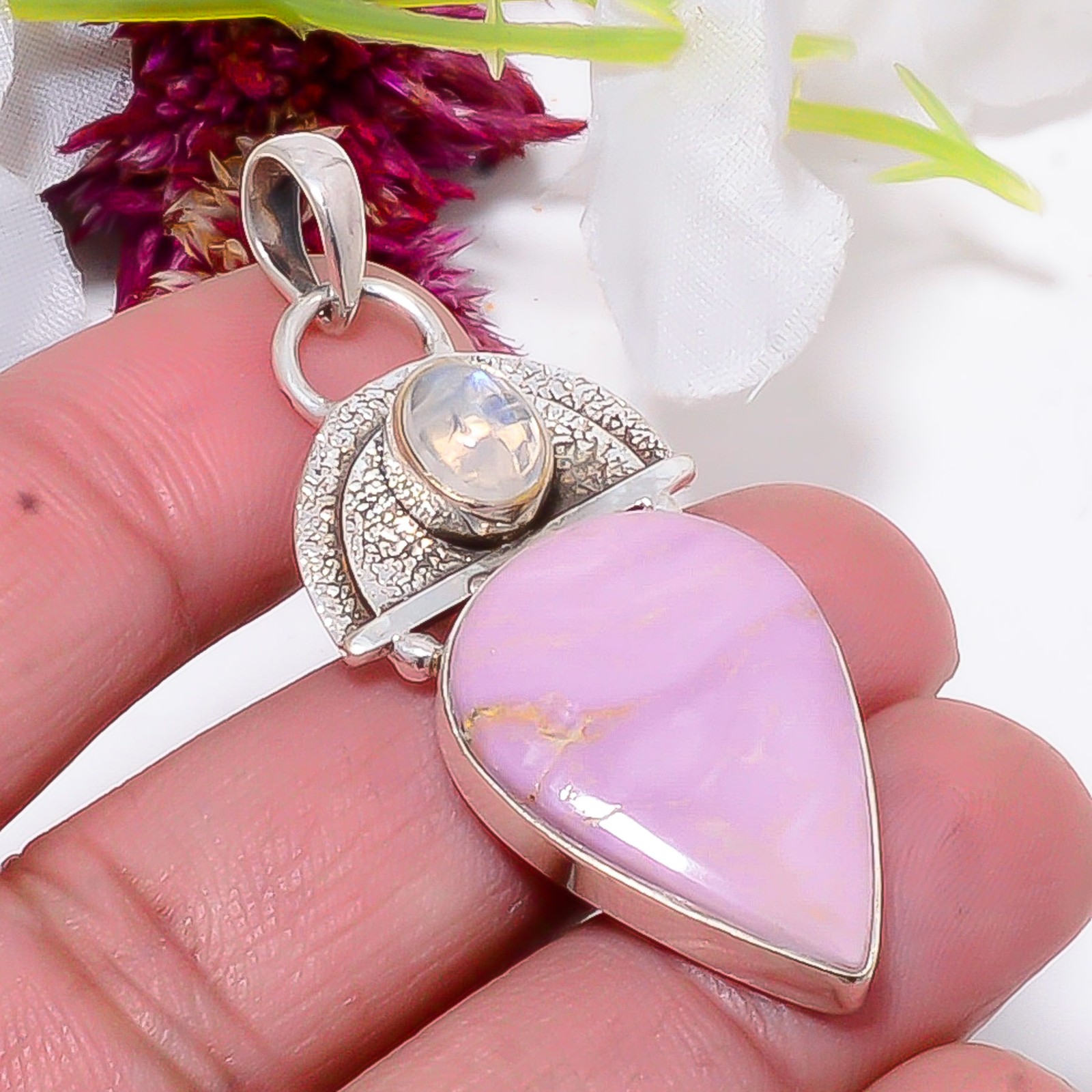 Phosphosiderite, Rainbow Moonstone – India 925 Sterling Silver Pendant 2.11″ S48