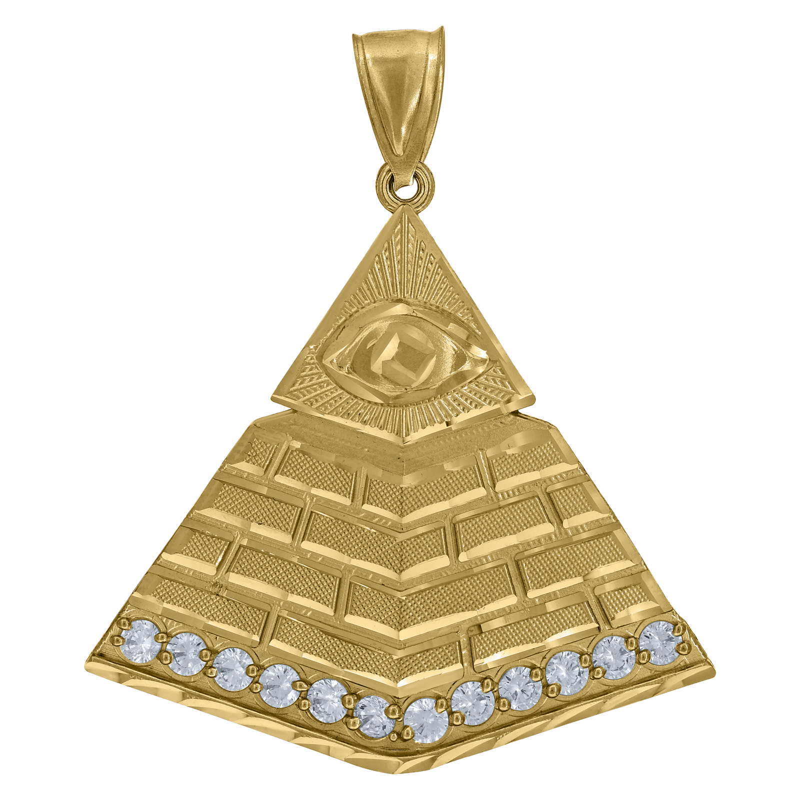 10K Yellow Gold CZ Men’s 2″ Diamond Cut Charm Egyptian Eye of Ra Pyramid Pendant