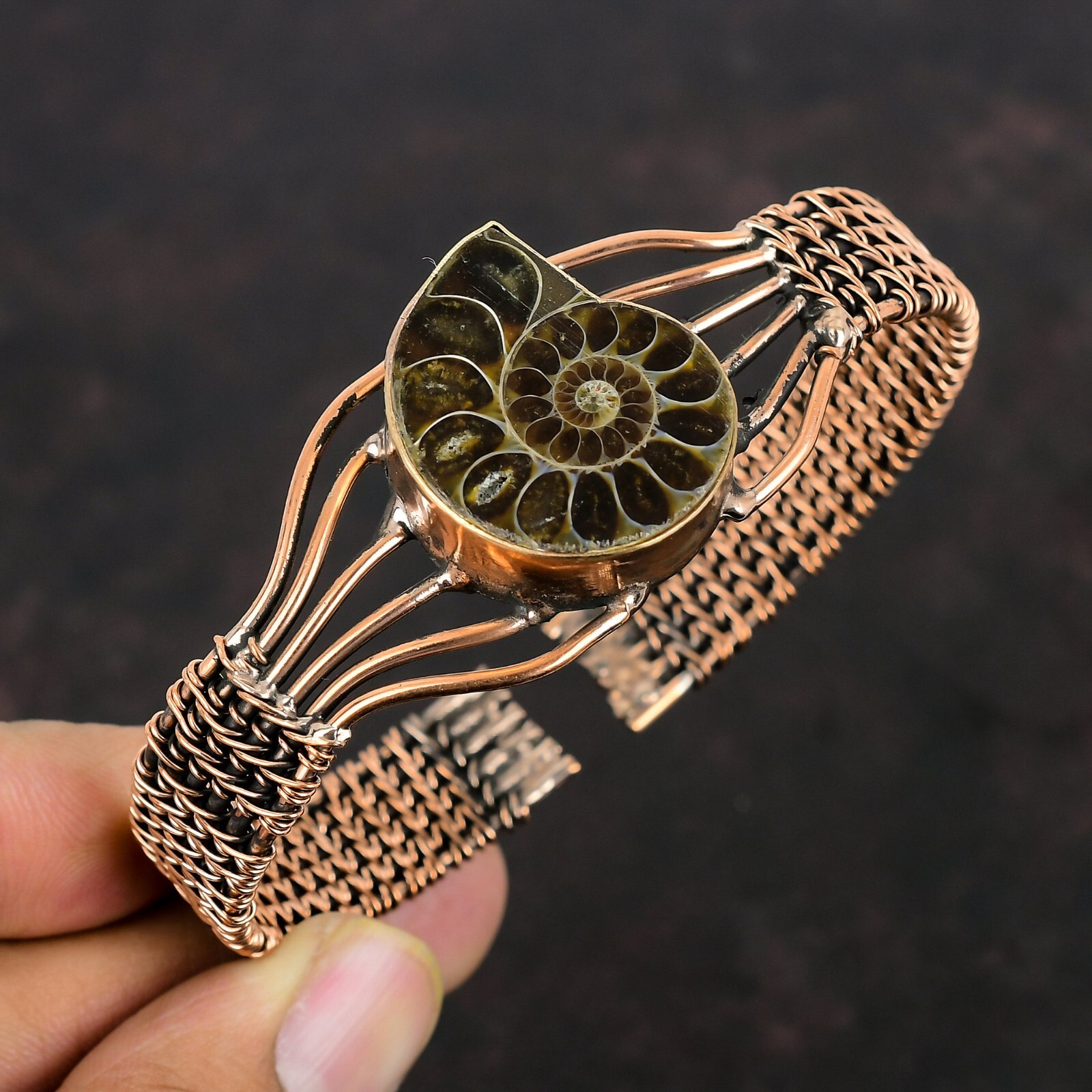 Ammonite Fossil Wire Wrapped Adjustable Bangle Handcrafted Copper Holiday