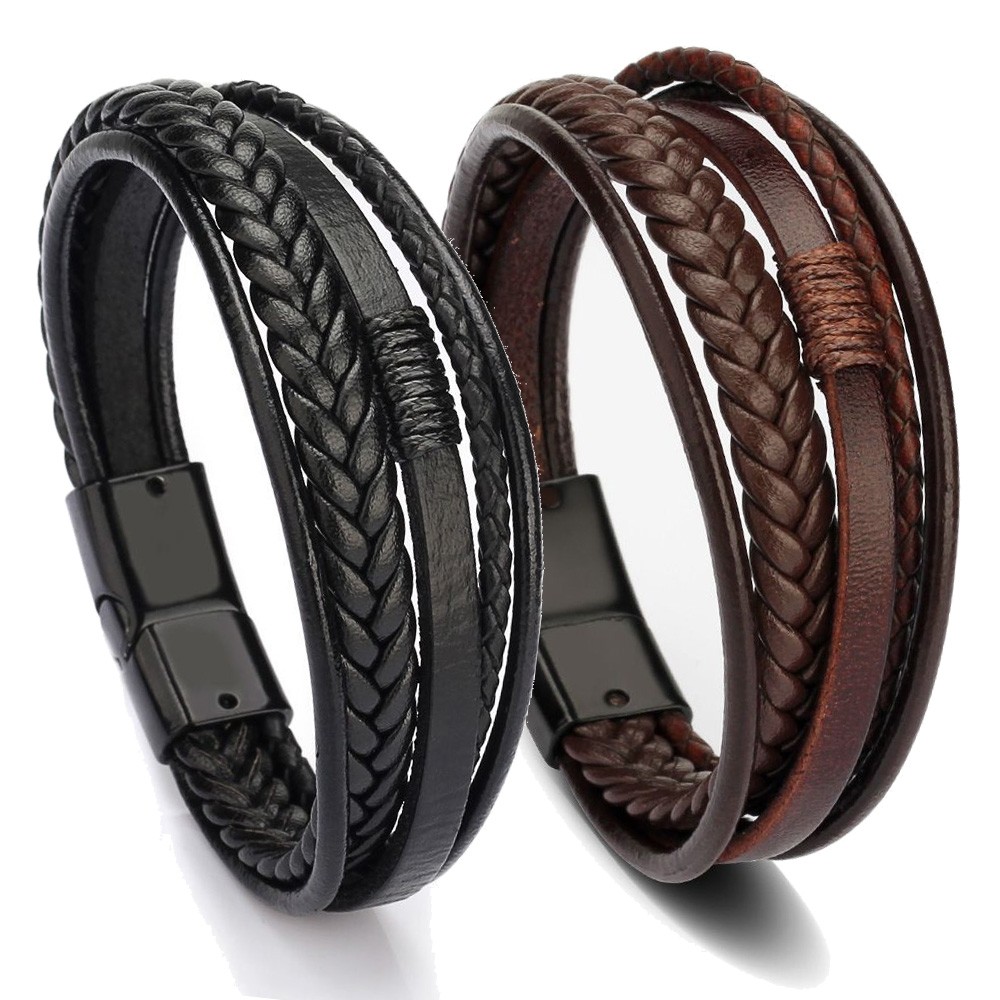 2pcs Trendy Leather Bracelets For Men Stainless Steel Bracelet 21CM Multilayer