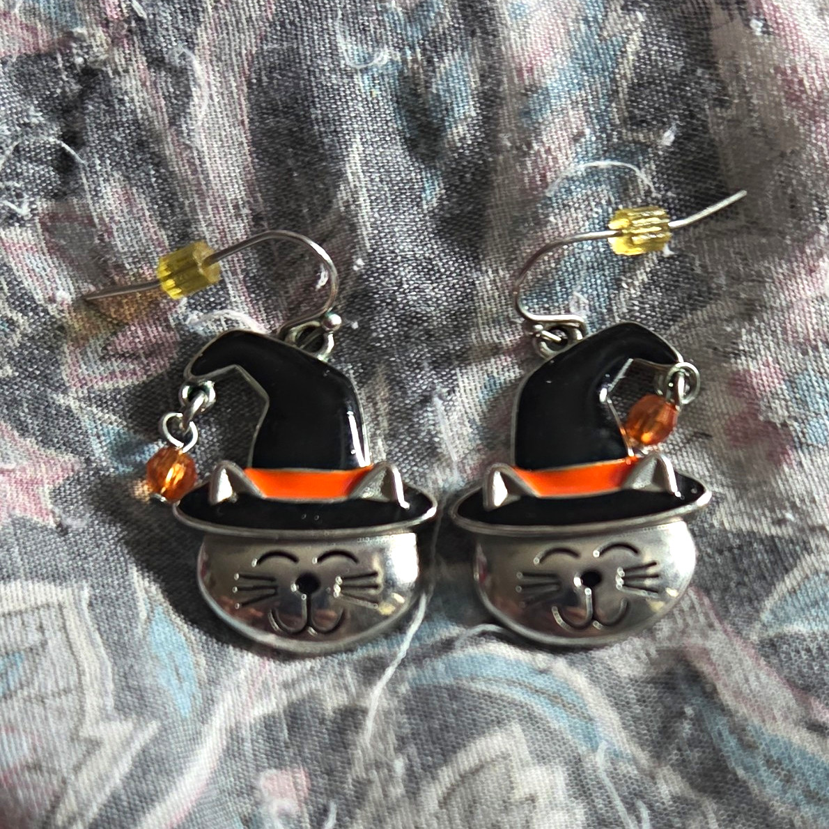 Halloween Cat Face Dangle/Drop Earrings Metal Hook Silver Black Orange No Stone