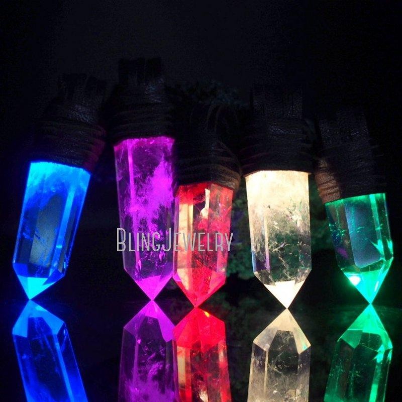 Leather Wrapp Rechargeable Light Up Led Crystal Quartz Point Witch Pendant Goth