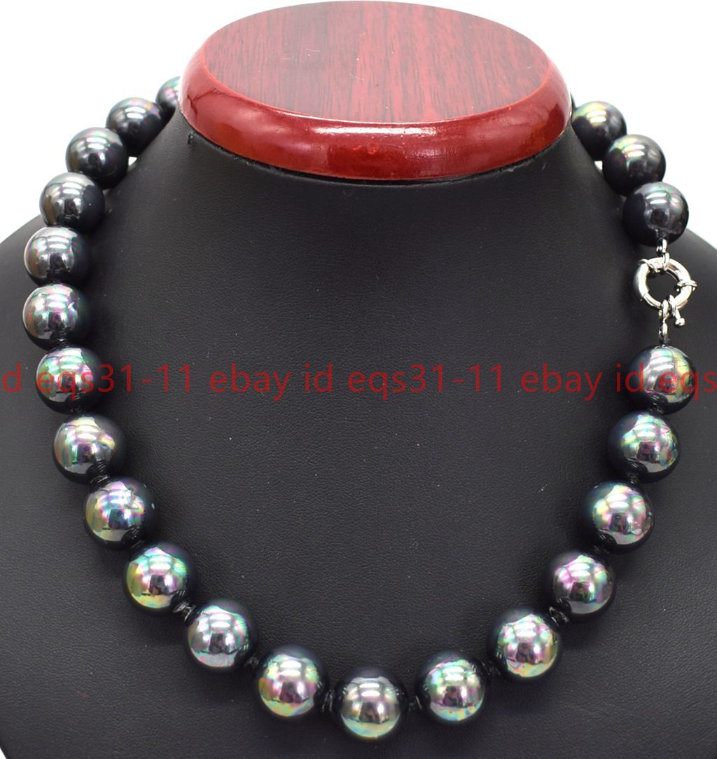 14mm Black Multicolor Shell Pearl Round Beads Necklace Bracelet Earrings Set