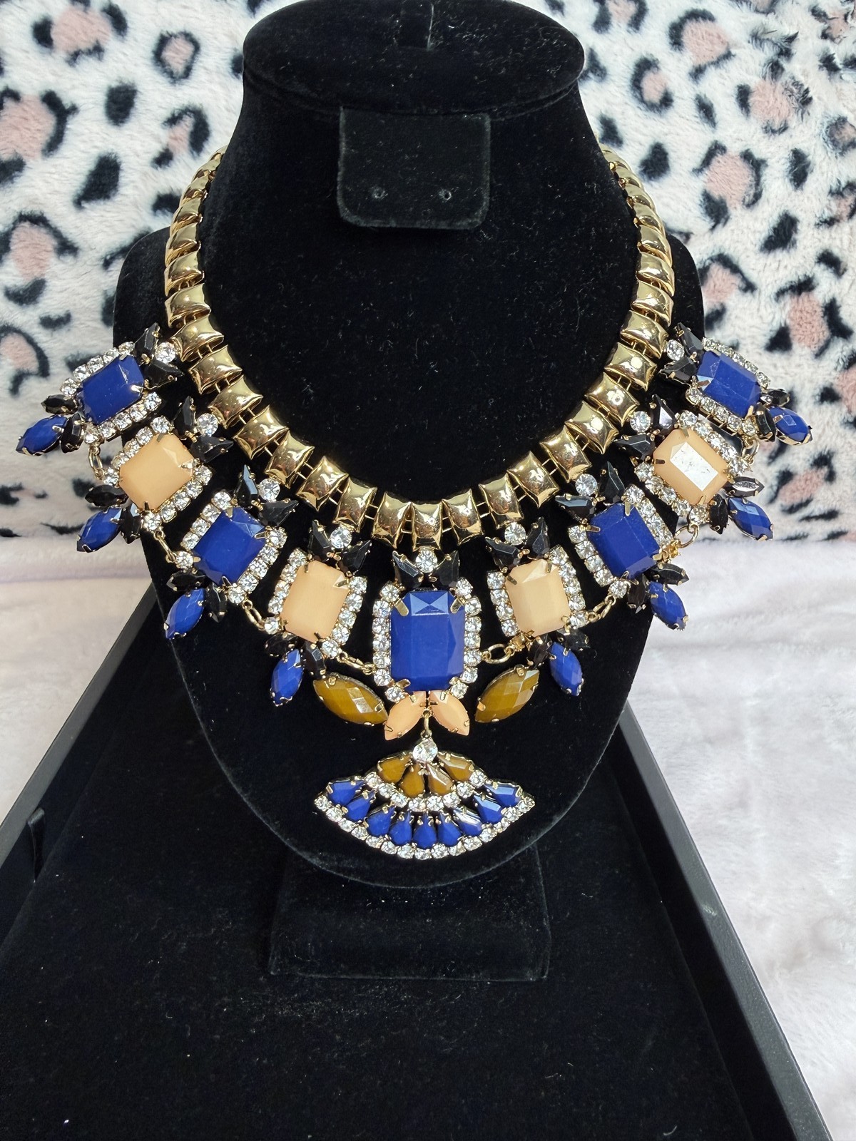 Gold Tone Statement Bib Necklace Blue Peach Amber Rhinestone Collar Fan Drop