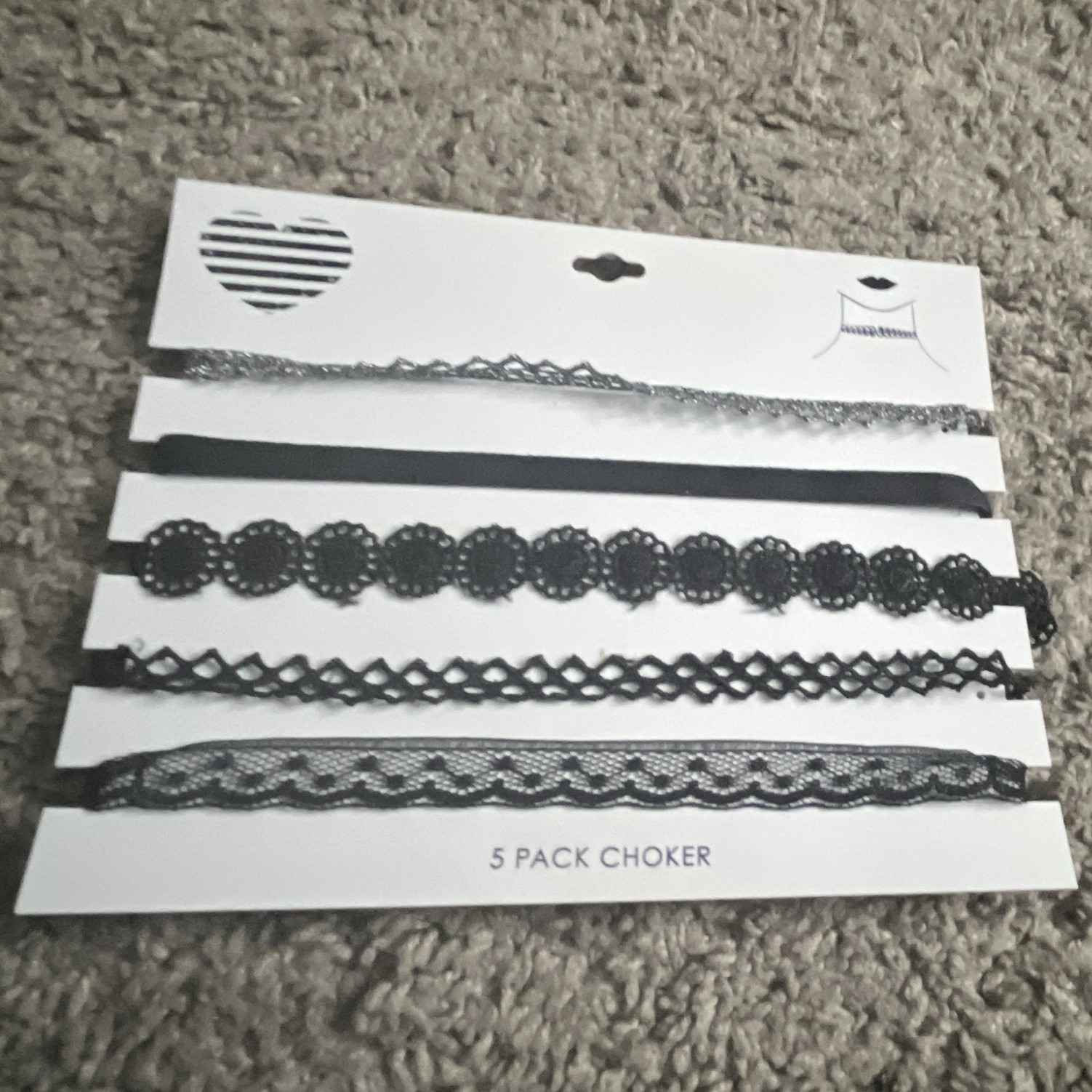 5-Pack Black Lace & Fabric Choker Necklaces Set, Assorted Styles, No Stone