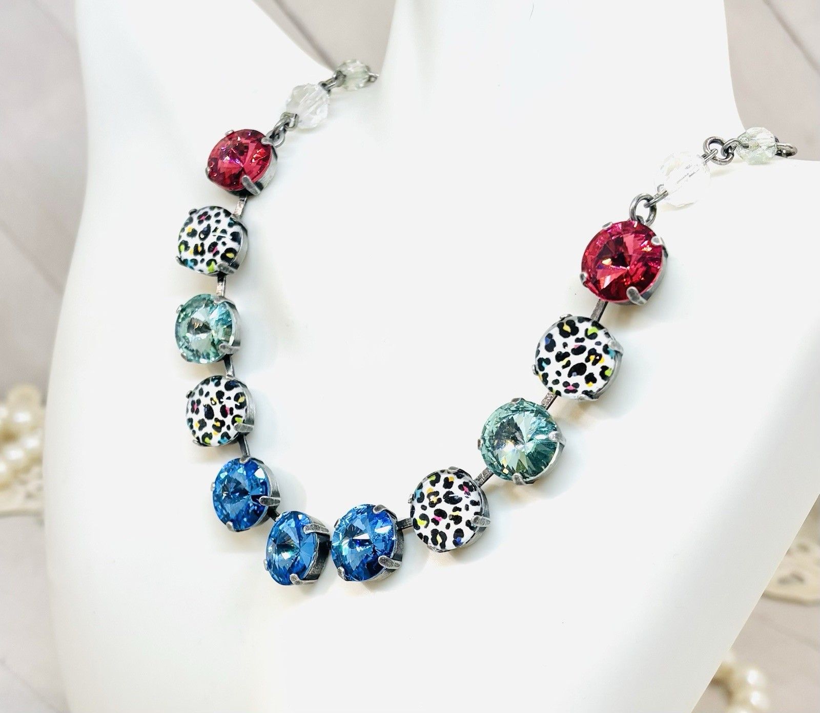 Antique Silver Rainbow Leopard Cup Chain Statement Necklace