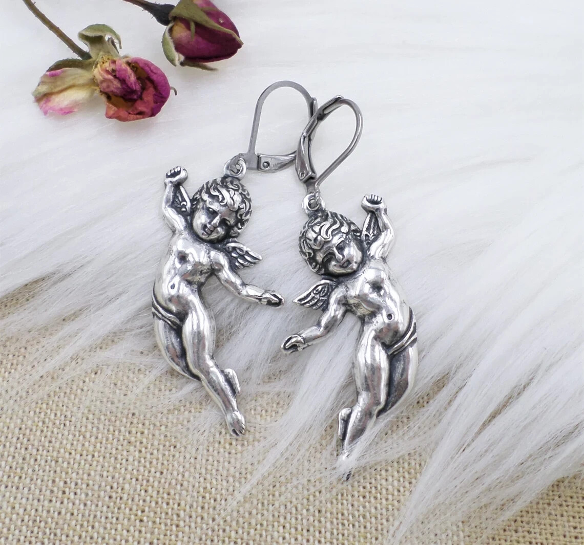Sterling Silver Plated Cherub Cupid Dangle Earrings, Guardian Angel Jewelry