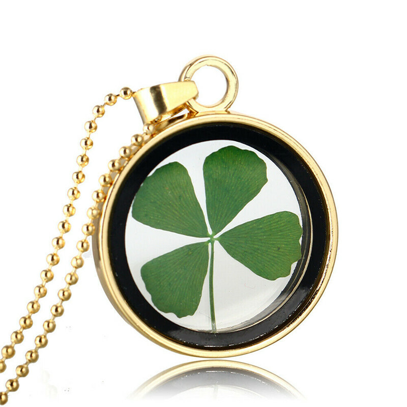 Natural Real Dried Clover Flower Clear Resin Locket Pendant Necklace Four-Leaf