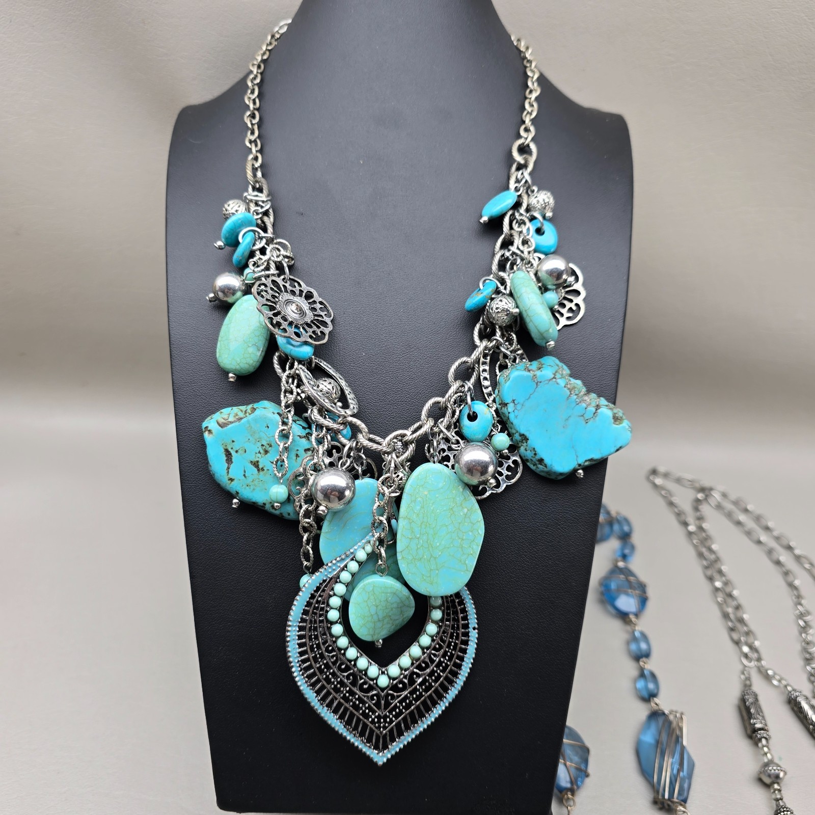 Blue Necklace Lot Green Beaded Statement Tassel Faux Pearl Glass