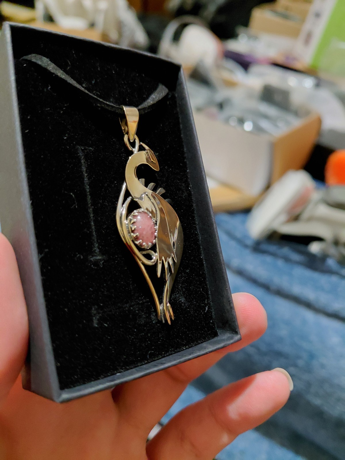 Pokémon Shiny Lugia Egg Hand-Made Stainless Necklace with Pink Rhodo- Gem Stone