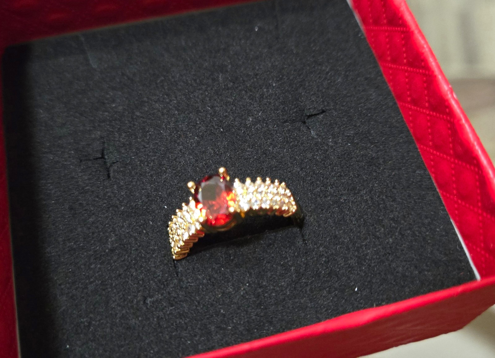 Gold Tone Chain Necklace With A Ring Adjustable Ruby Red Rectangle Pendant