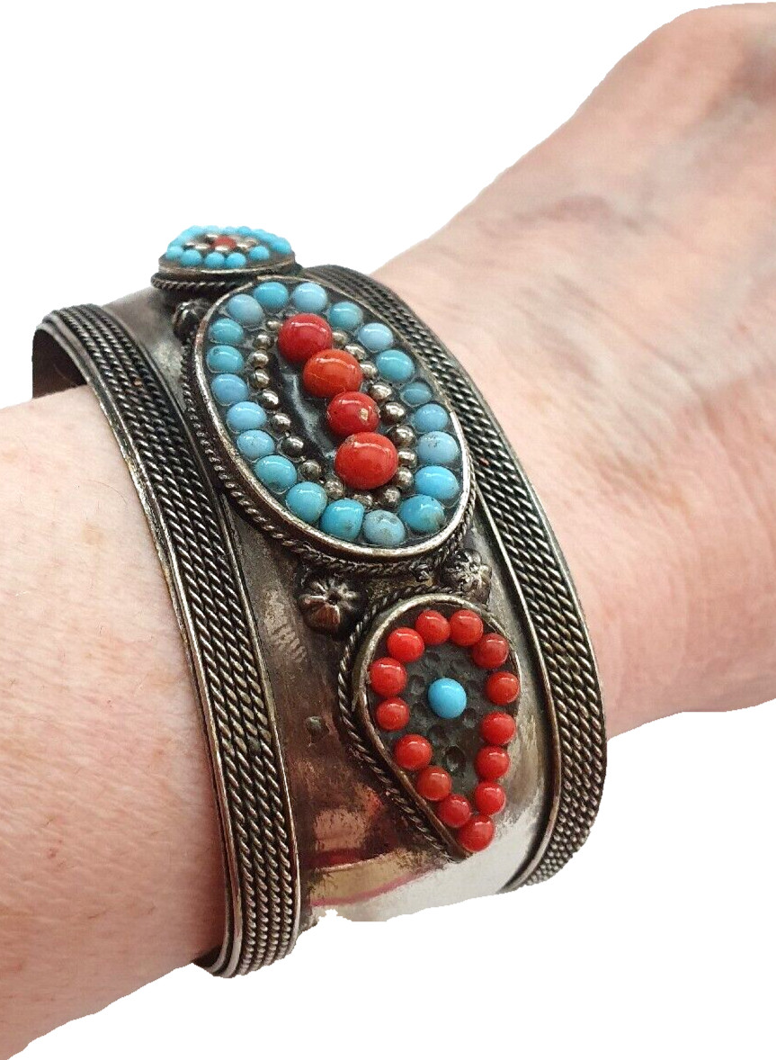 Vintage Artisan Studio Ornate Faux Turquoise Coral Silver tone Cuff Bracelet