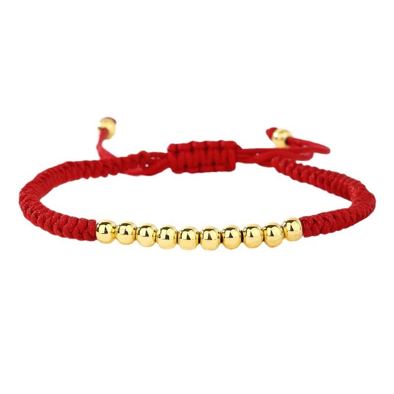 Lucky Golden Copper Round Bead Red Braided Rope Bracelet for Men and Women