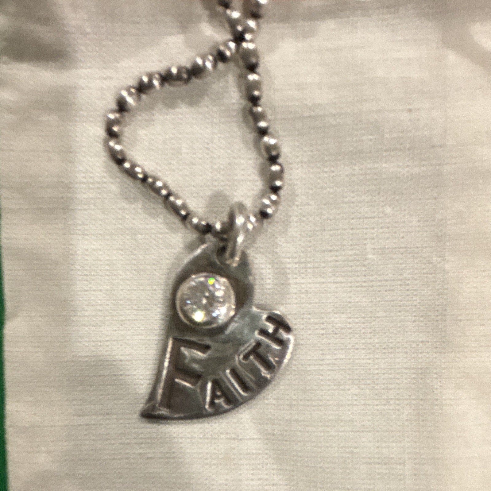 Silver Tone Ball/Bead Chain Necklace Heart FAITH REV 91 Clear Crystal Charm