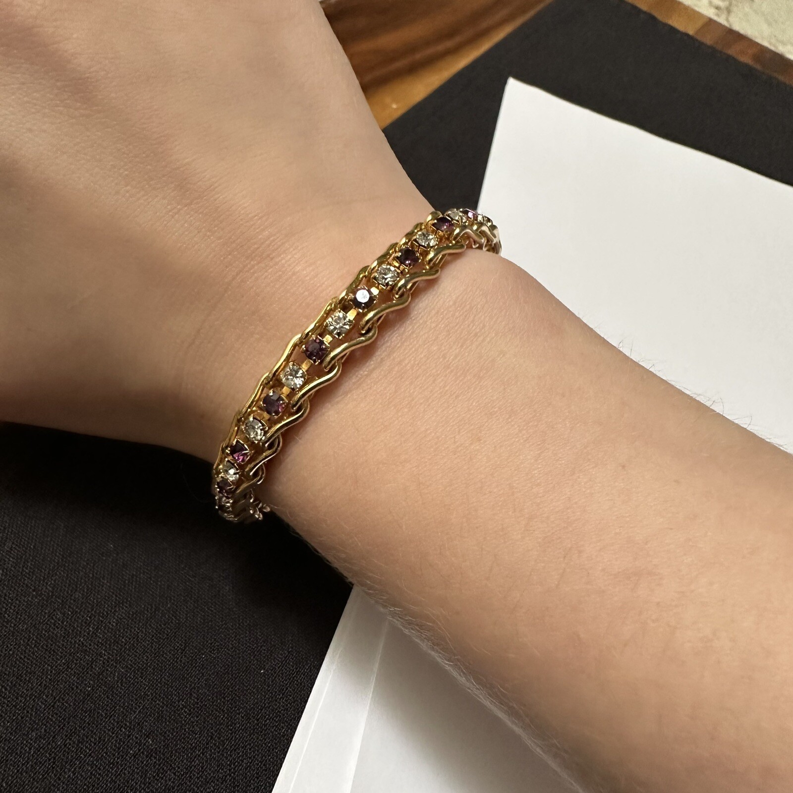 Women’s Gold Tone Purple / Clear Rhinestone Tennis Chain Bracelet 7 3/8 Inch