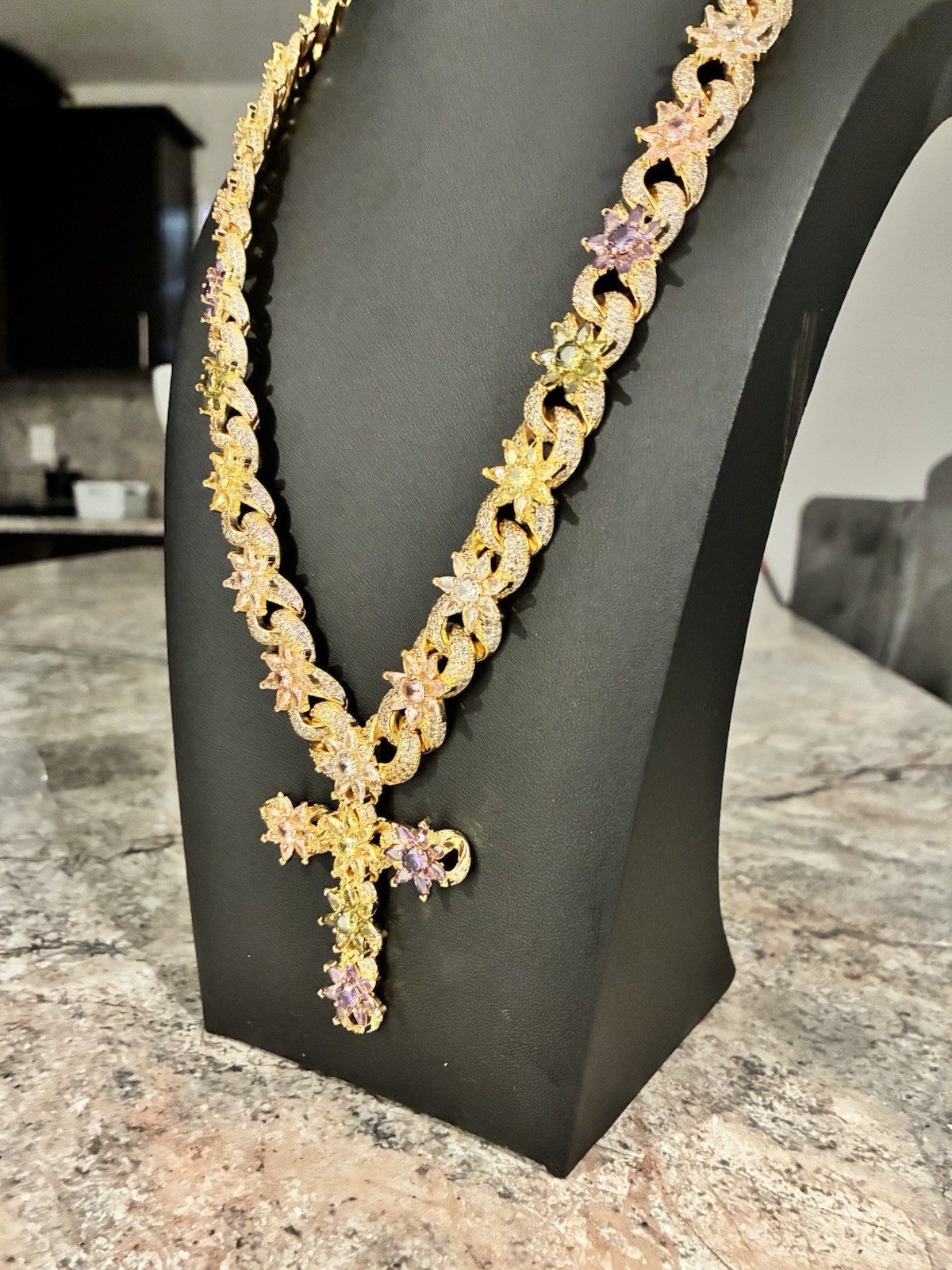 Yellow Gold Plated Cross Silver Cross Purple Yellow Pink Flowers Chain Necklace