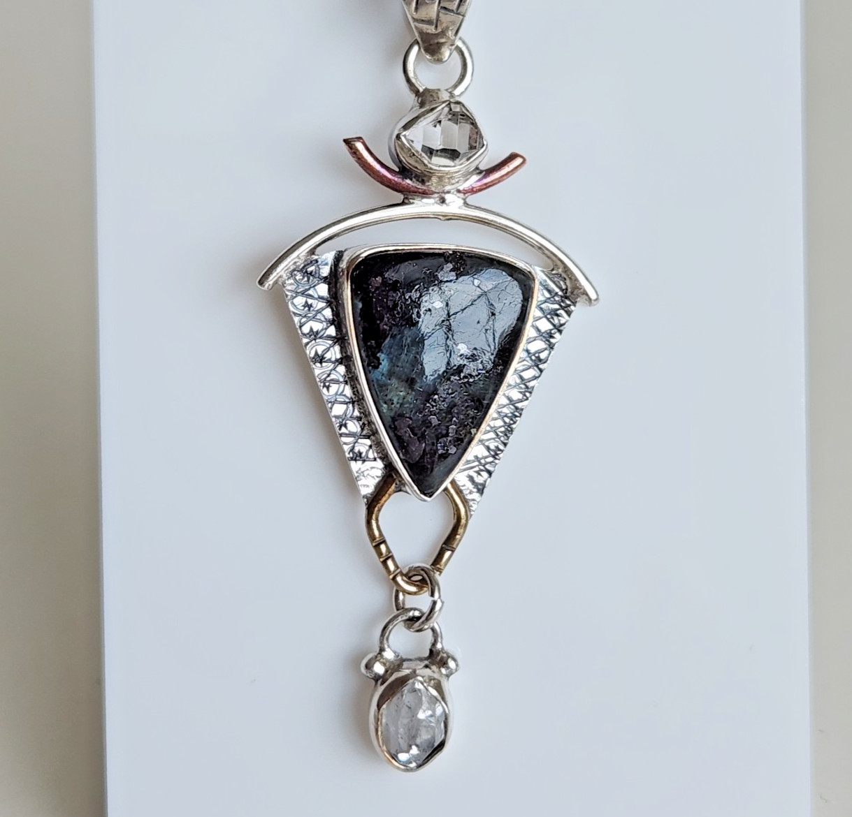 Sterling Silver Black Moss Agate Pendant 925 Artisan Mixed Metal 5.3g