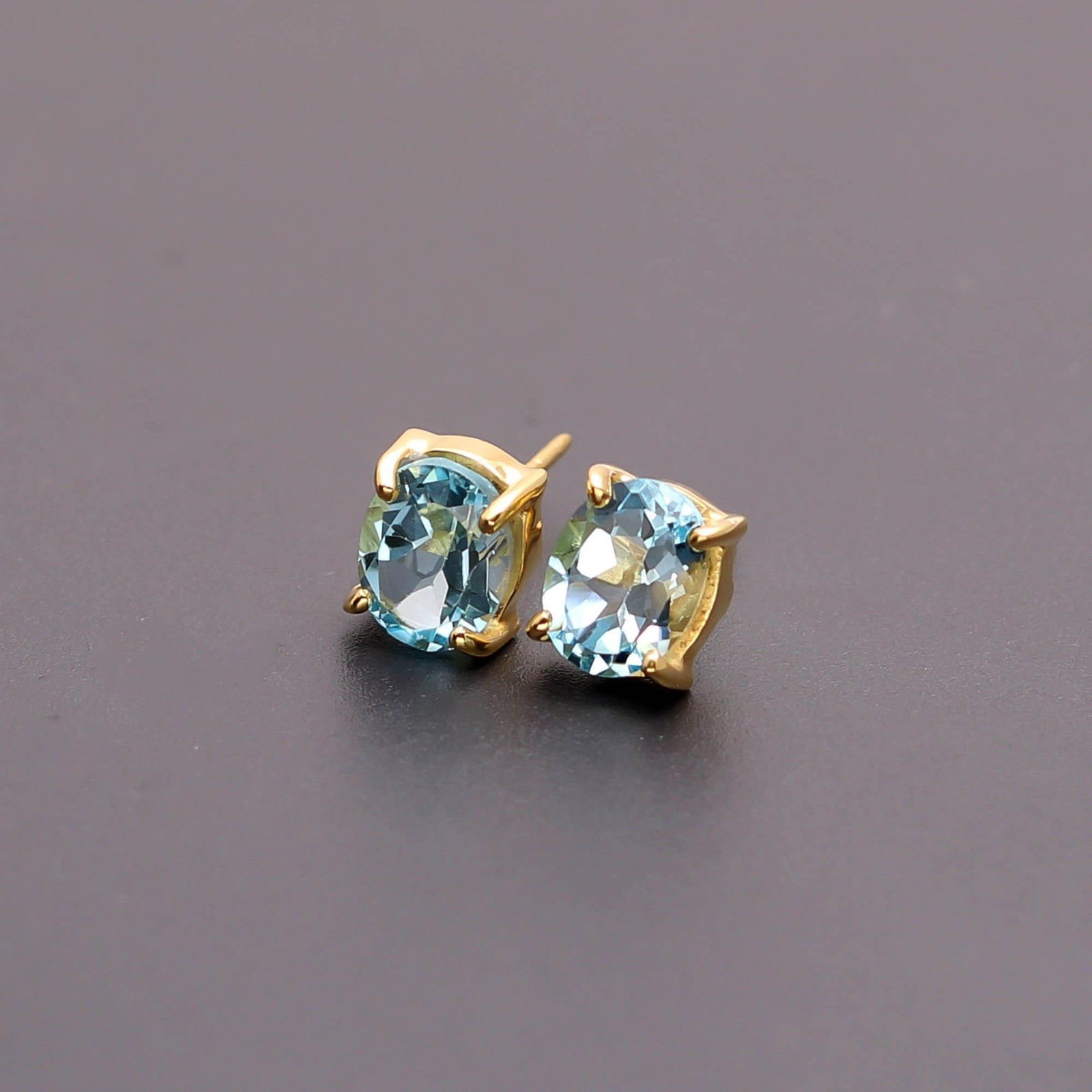 Natural Sky Blue Topaz Oval Stud Earrings Gold Fill 925 Sterling Silver Jewelry