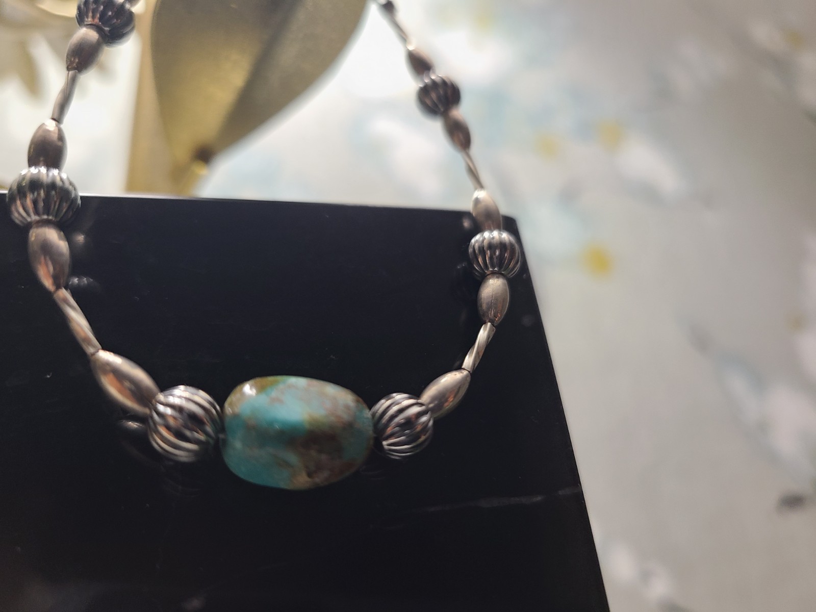 Native Made Turquoise Blue Oval Center Stone Sterling Silver 7″ Beaded Bracelet