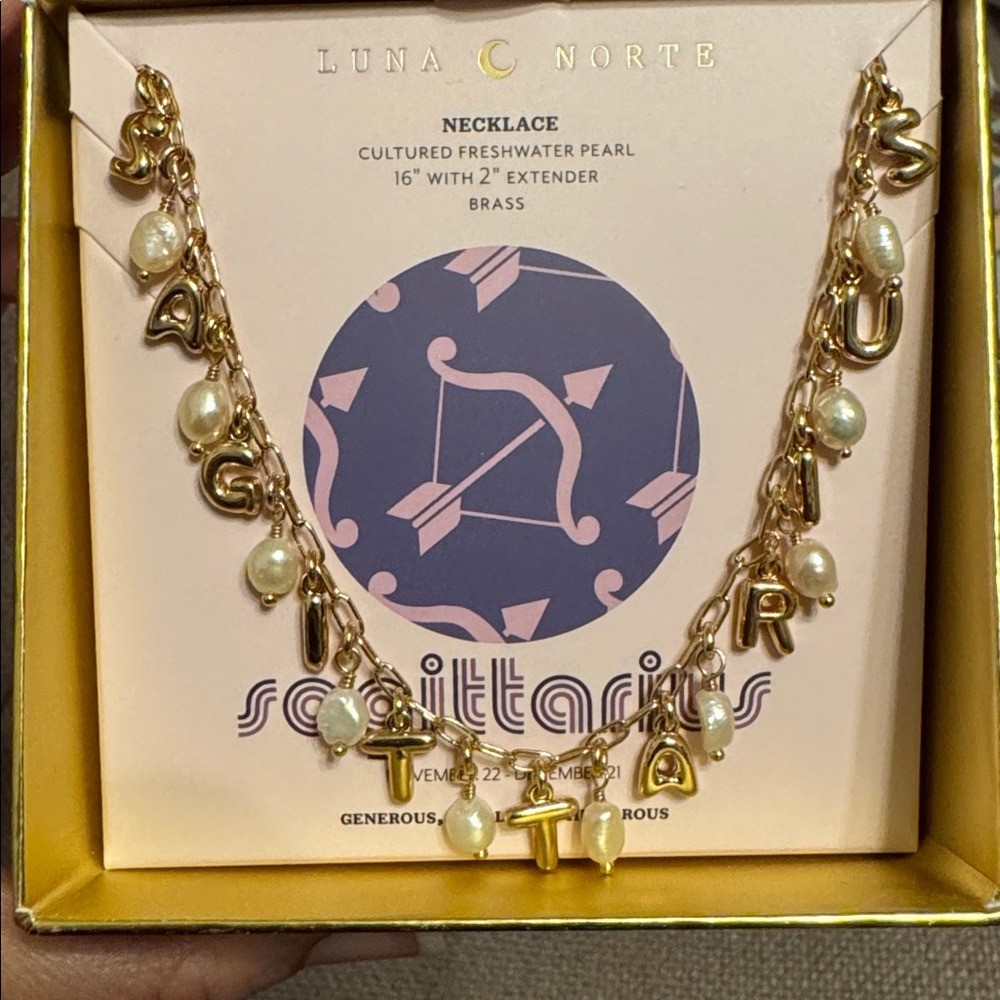 NWT LUNA NORTE Sagittarius Gold Tone Astrology Pearl Letter Necklace w/ Gift Box