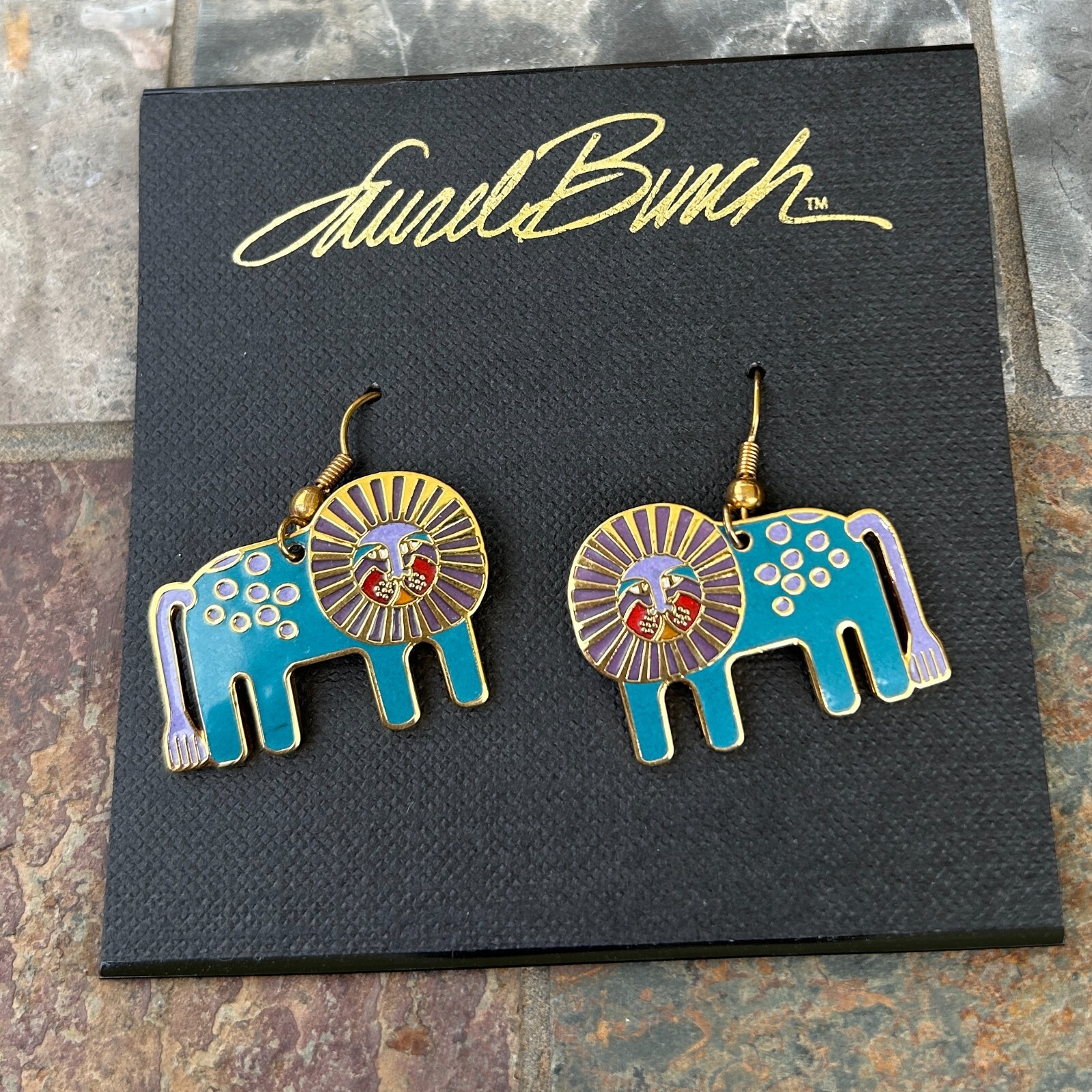 Laurel Burch Earrings blue lion “Leonardo” new on card Vintage